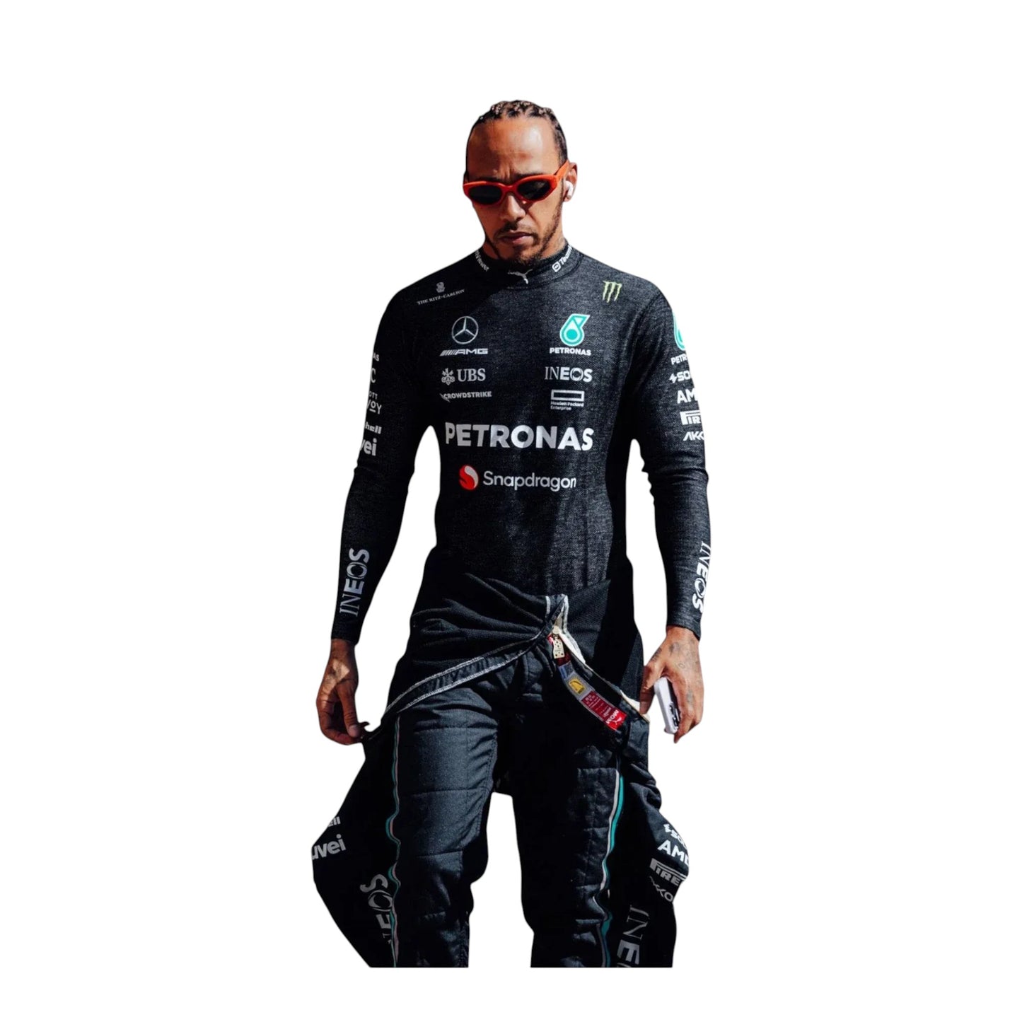 Close-up of Lewis Hamilton Mercedes-AMG Petronas F1 race suit fabric