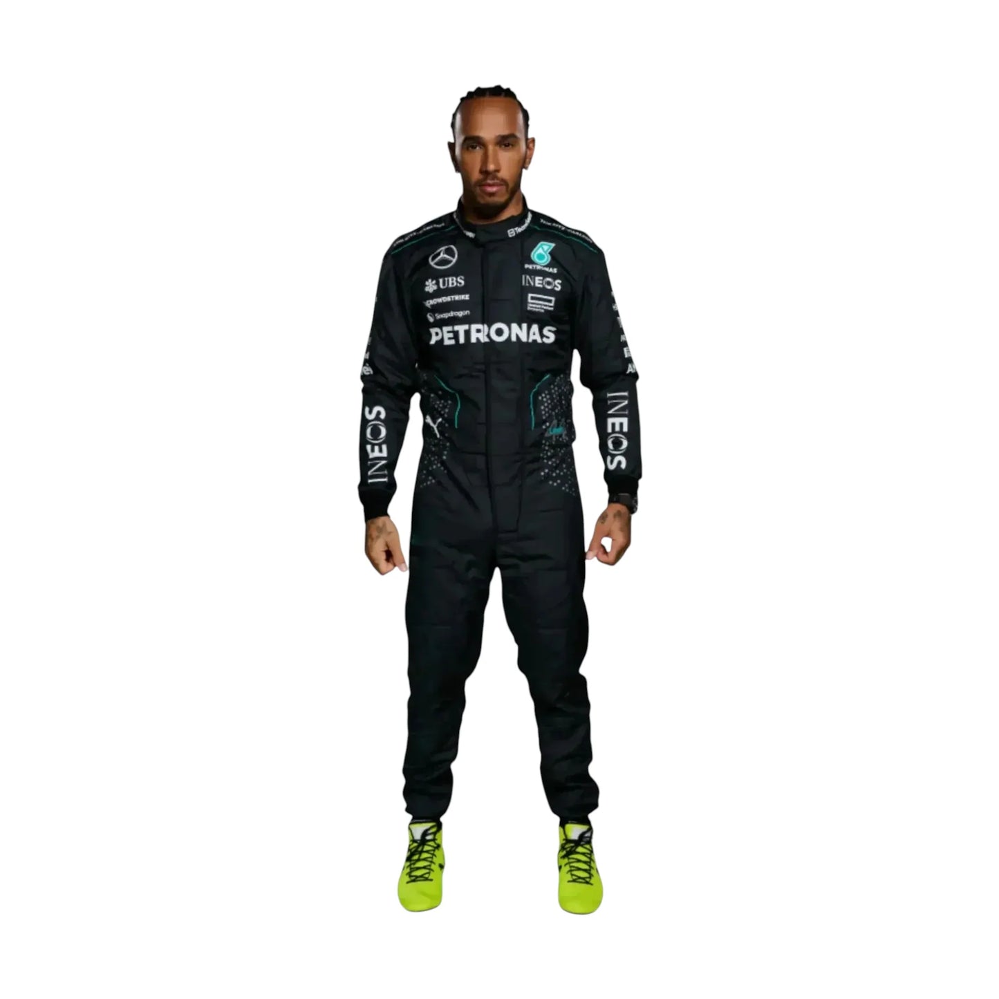 Detailed design of Mercedes AMG F1 2024 team race suit