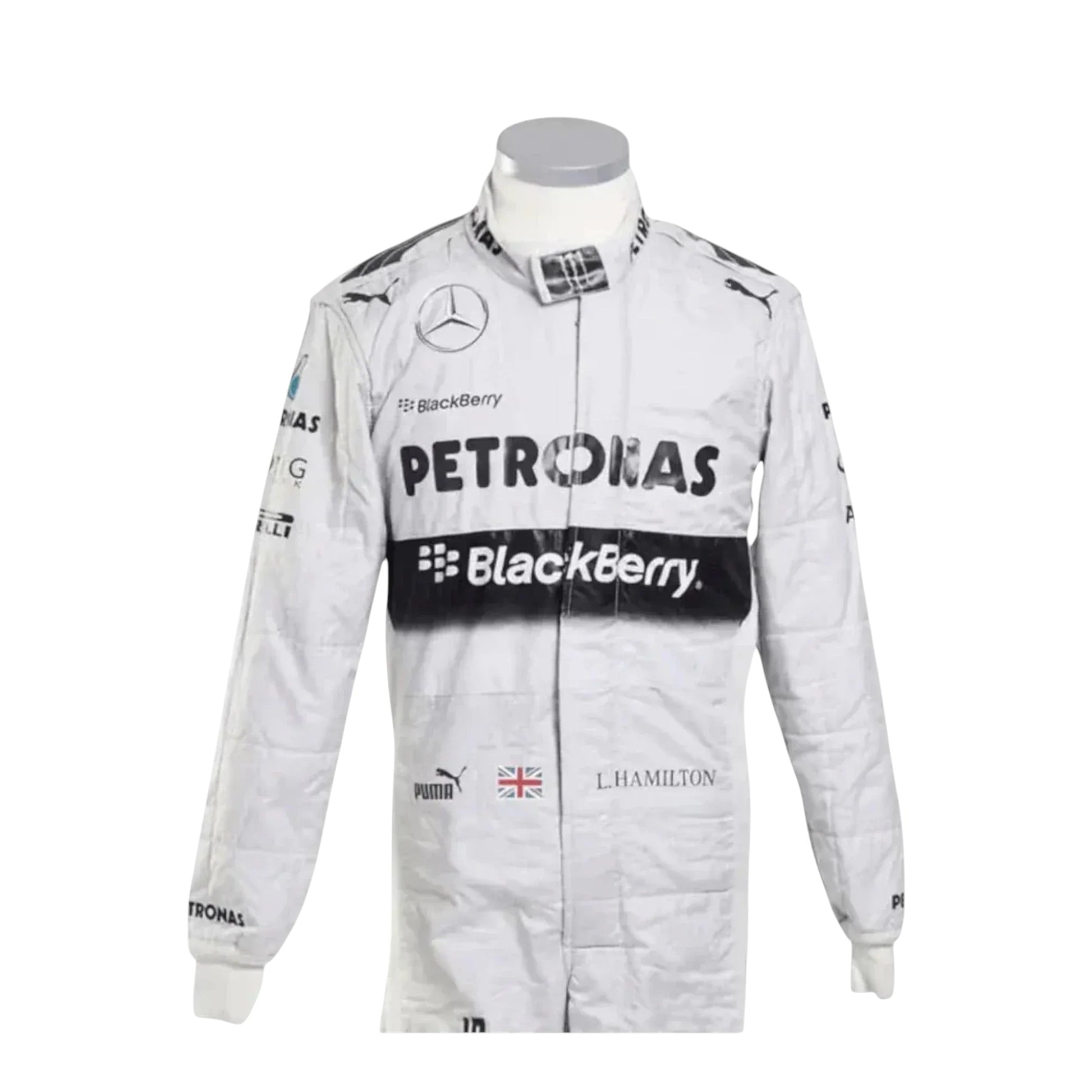 Fabric close up of 2014 Lewis Hamilton Mercedes F1 race suit showing material texture