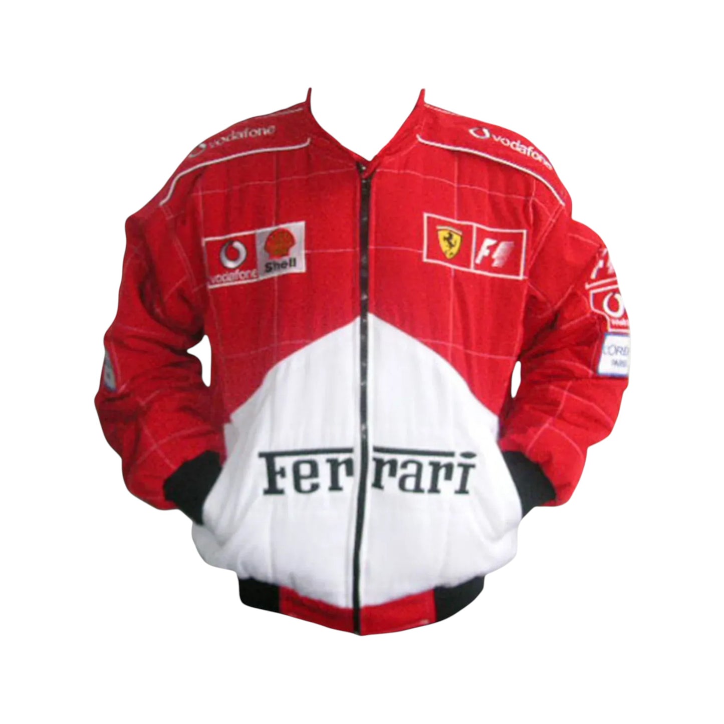 Ferrari F1 quilted vintage racing jacket red black front view