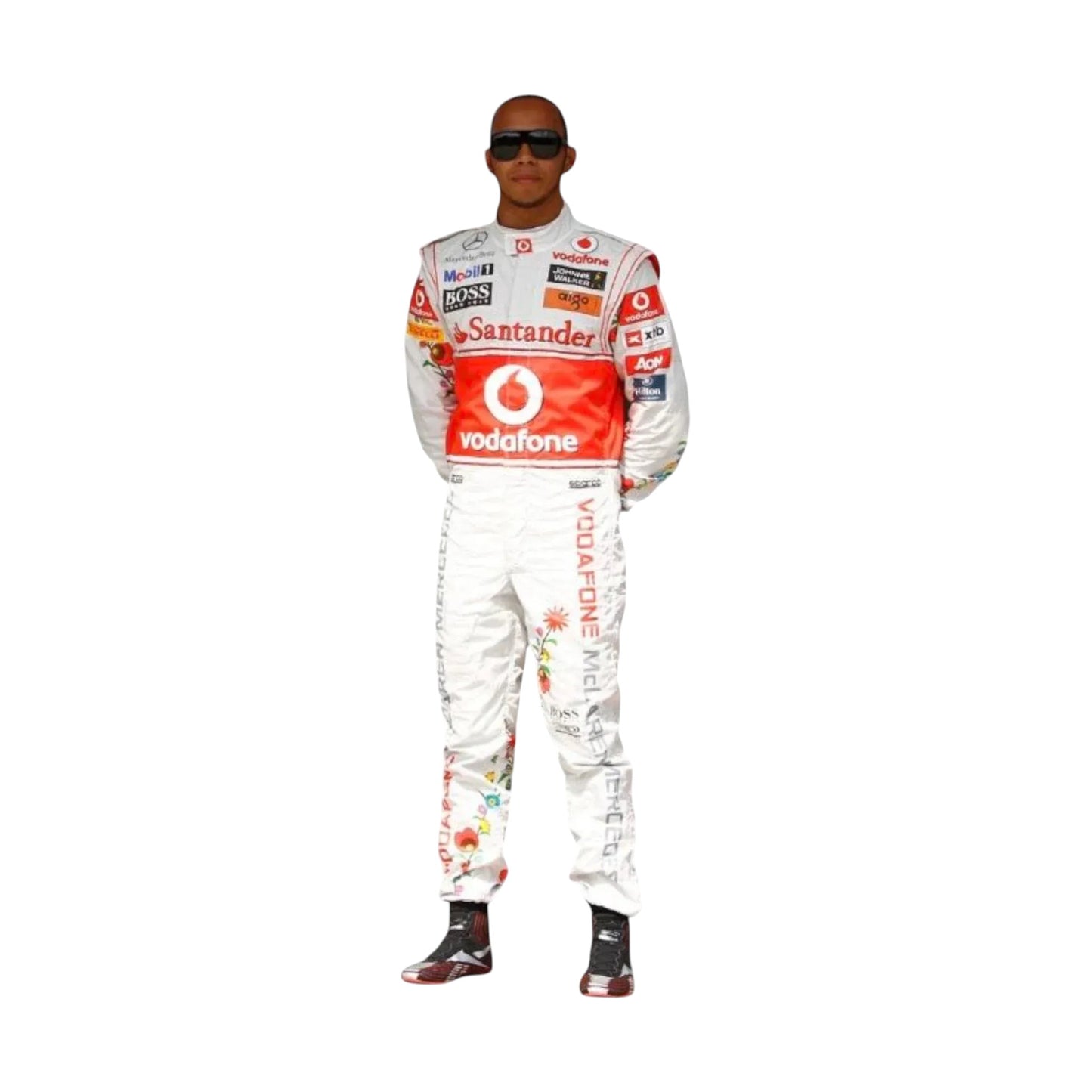 Front view of 2008 Lewis Hamilton McLaren F1 racing suit