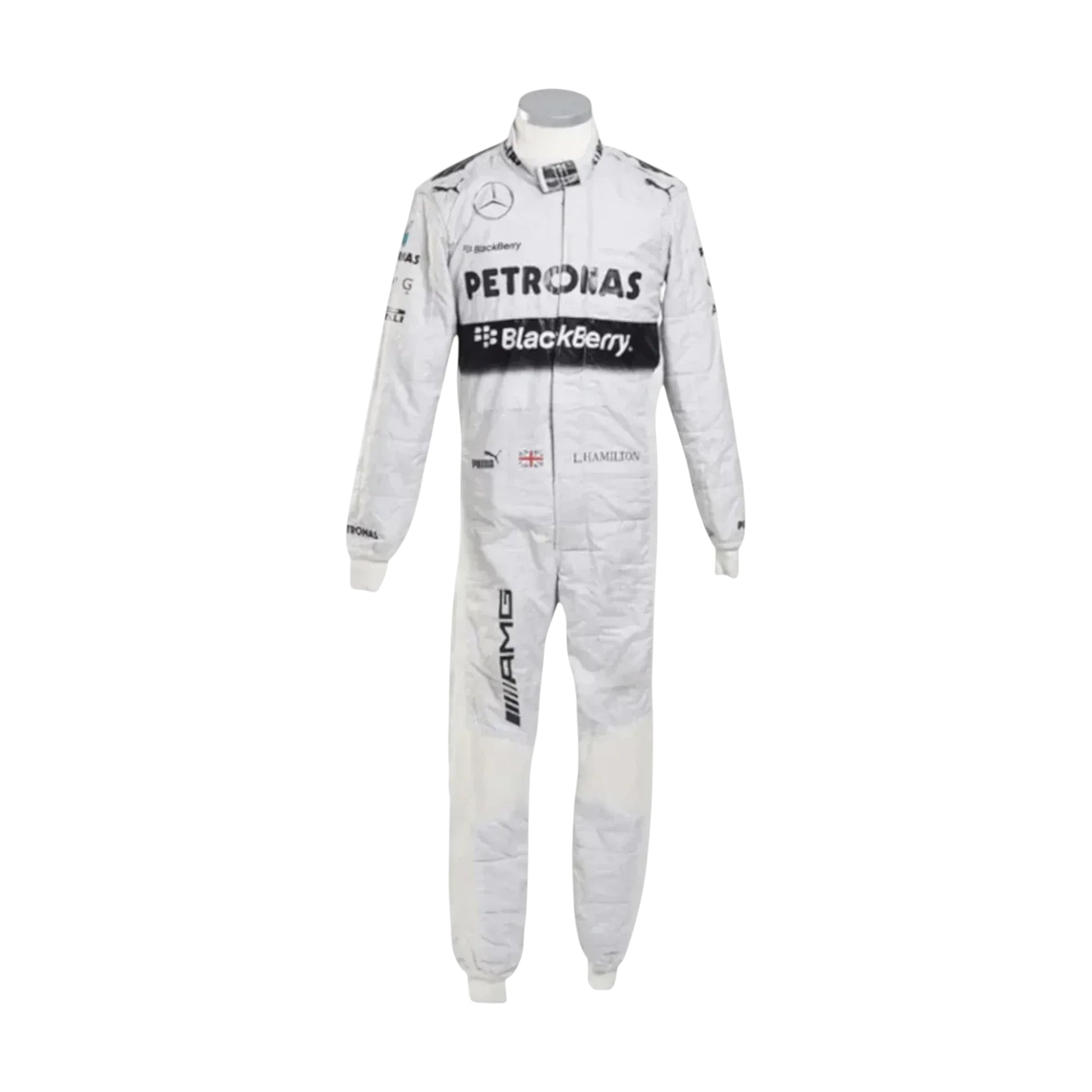 Front view of 2014 Lewis Hamilton Mercedes Petronas F1 race suit inspired by his championship season