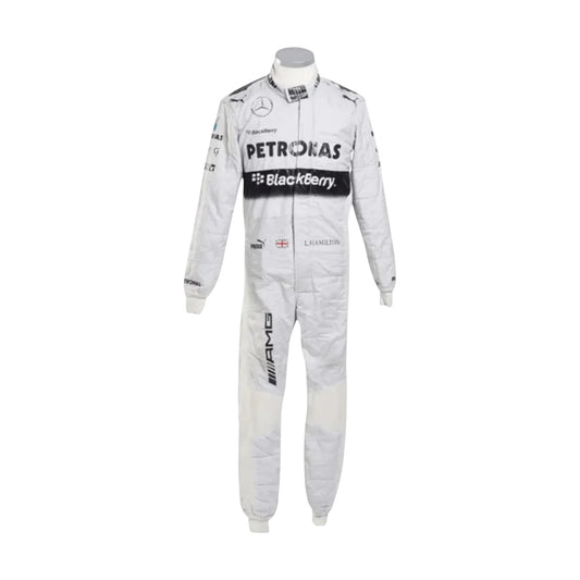 Front view of 2014 Lewis Hamilton Mercedes Petronas F1 race suit inspired by his championship season
