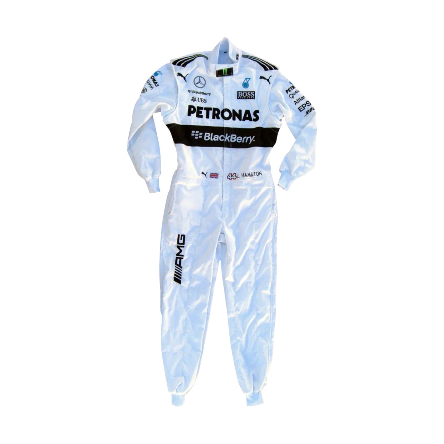 Front view of 2015 Lewis Hamilton Mercedes AMG embroidered F1 race suit inspired by championship season