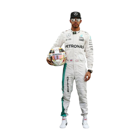 Front view of 2016 Lewis Hamilton Mercedes Petronas F1 race suit inspired by championship season