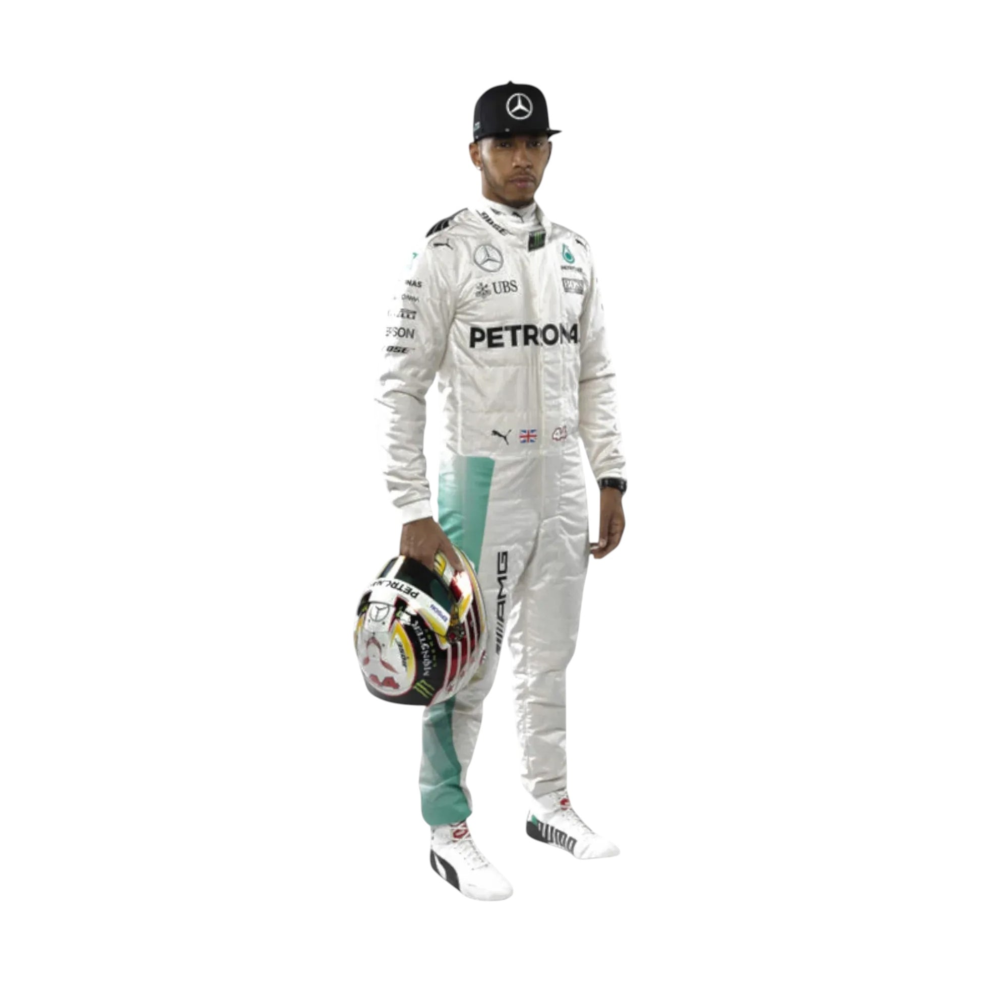 Front view of 2016 Lewis Hamilton Mercedes Petronas F1 race suit inspired by championship season