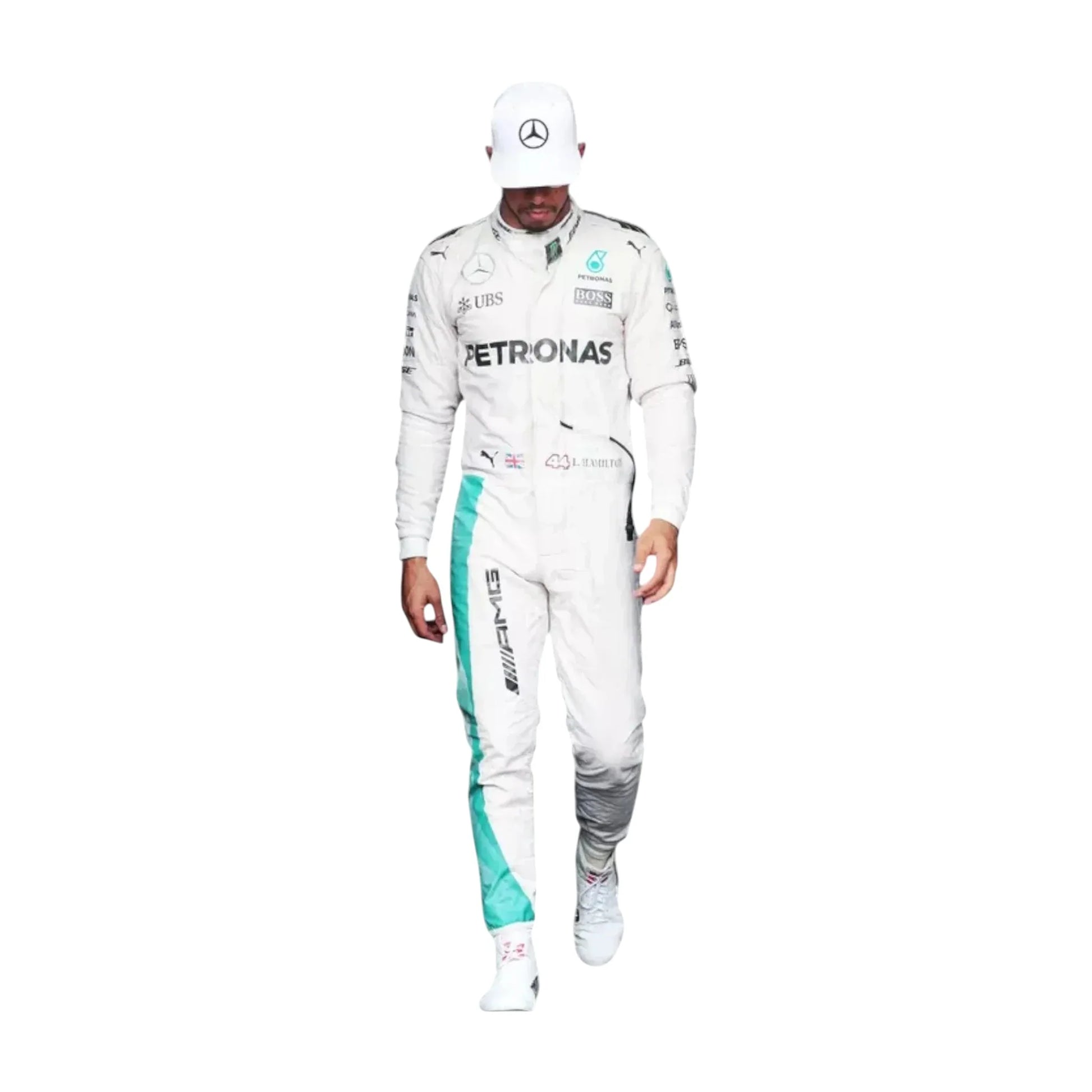 Front view of 2016 Lewis Hamilton Mercedes Petronas F1 race suit inspired by championship season