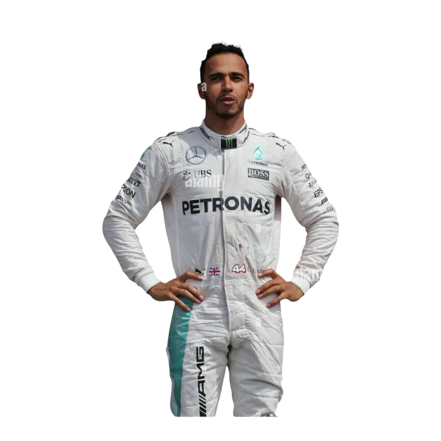 Front view of 2016 Lewis Hamilton Mercedes Petronas F1 race suit inspired by championship season