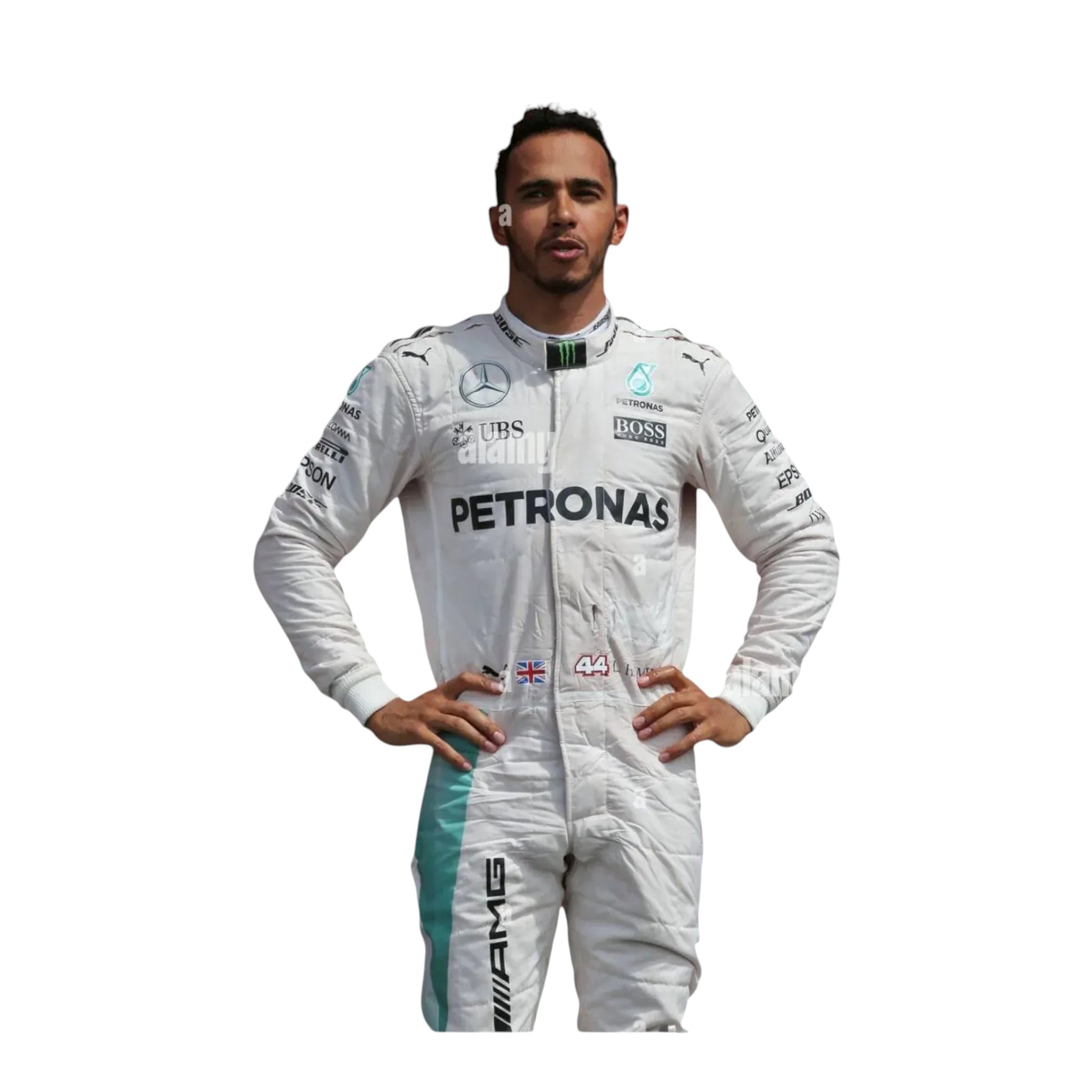 Front view of 2016 Lewis Hamilton Mercedes Petronas F1 race suit inspired by championship season
