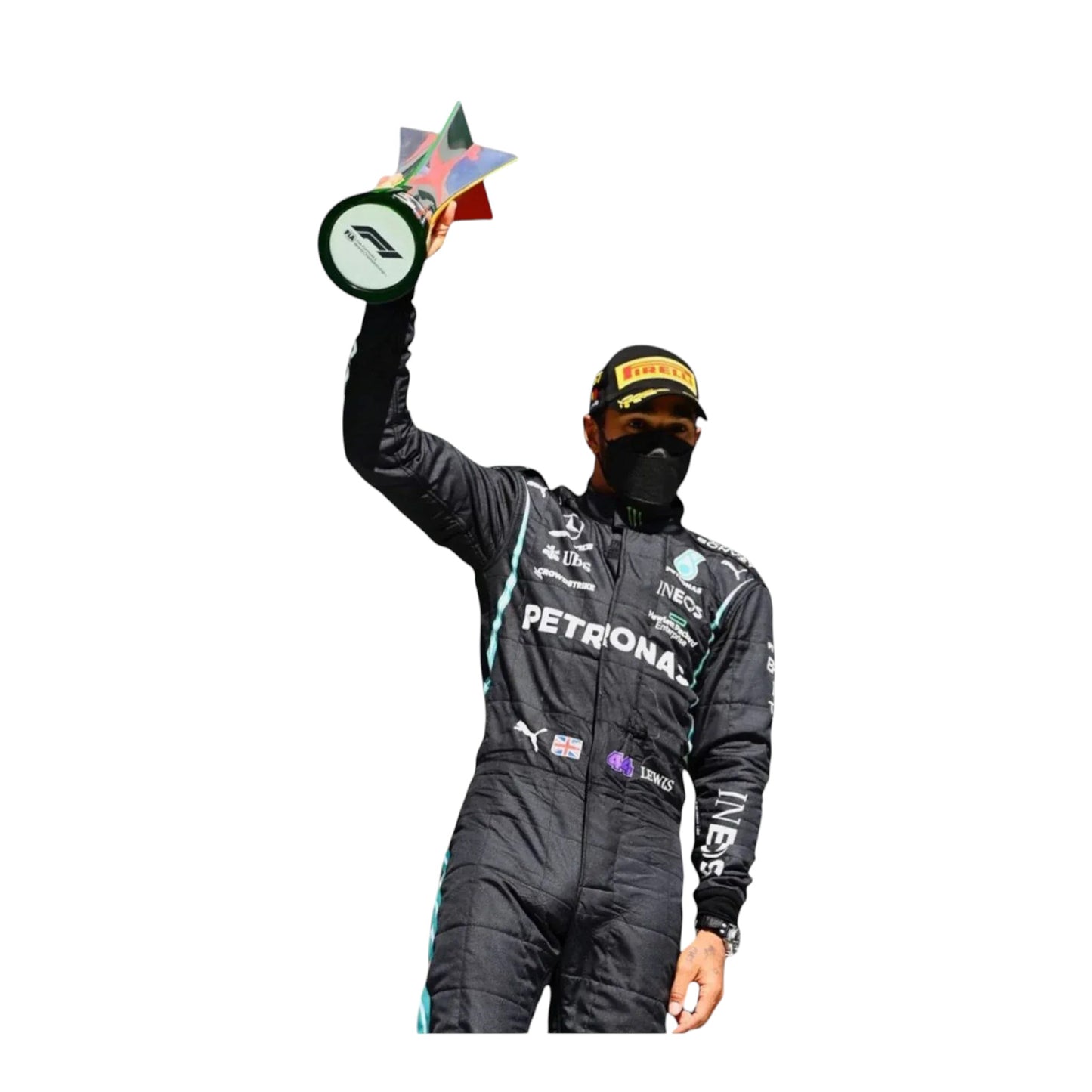 Front view of 2020 F1 champion-inspired black and teal motorsport race suit