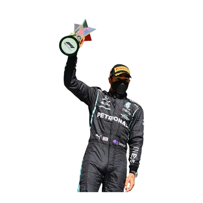 Front view of 2020 F1 champion-inspired black and teal motorsport race suit
