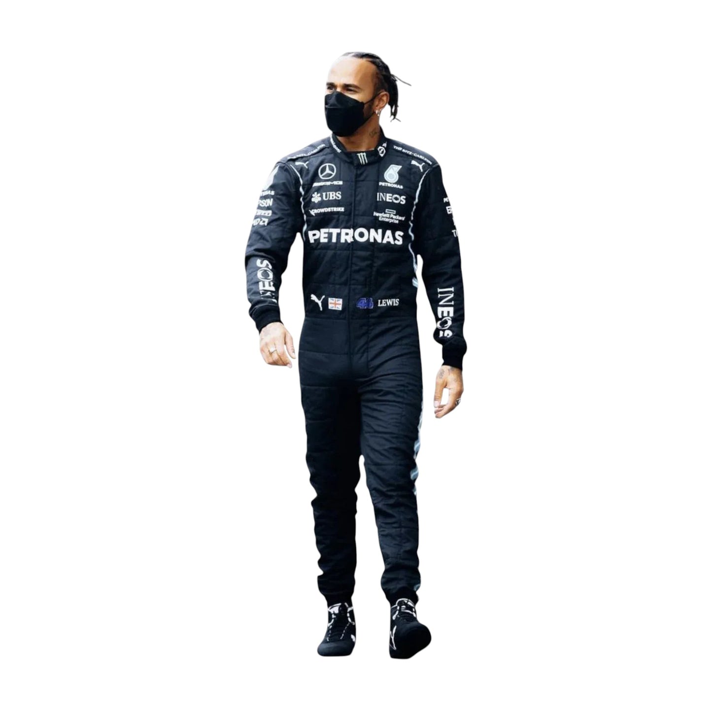 Front view of 2020 F1 champion-inspired black and teal motorsport race suit