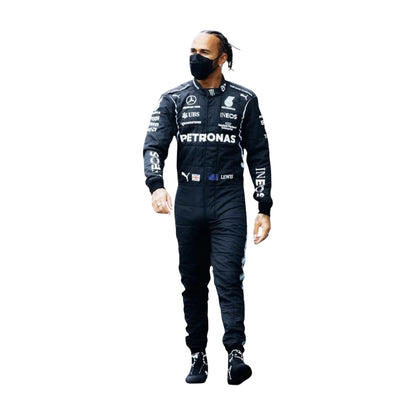 Front view of 2020 F1 champion-inspired black and teal motorsport race suit