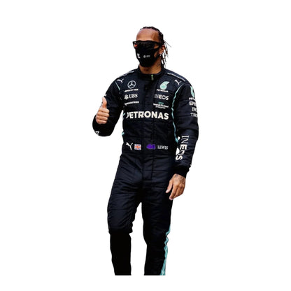 Front view of 2020 F1 champion-inspired black and teal motorsport race suit