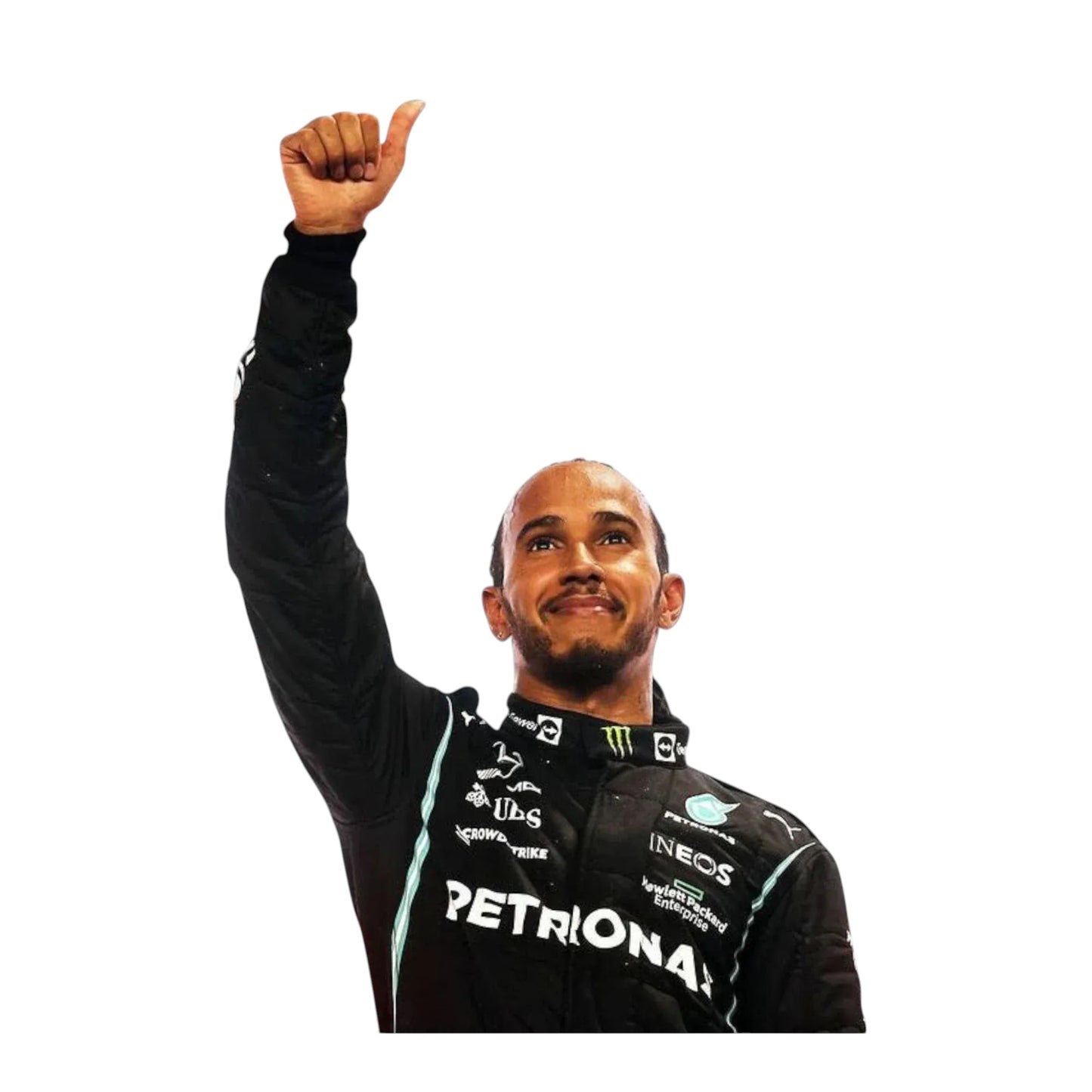 Front view of 2020 F1 champion-inspired black and teal motorsport race suit