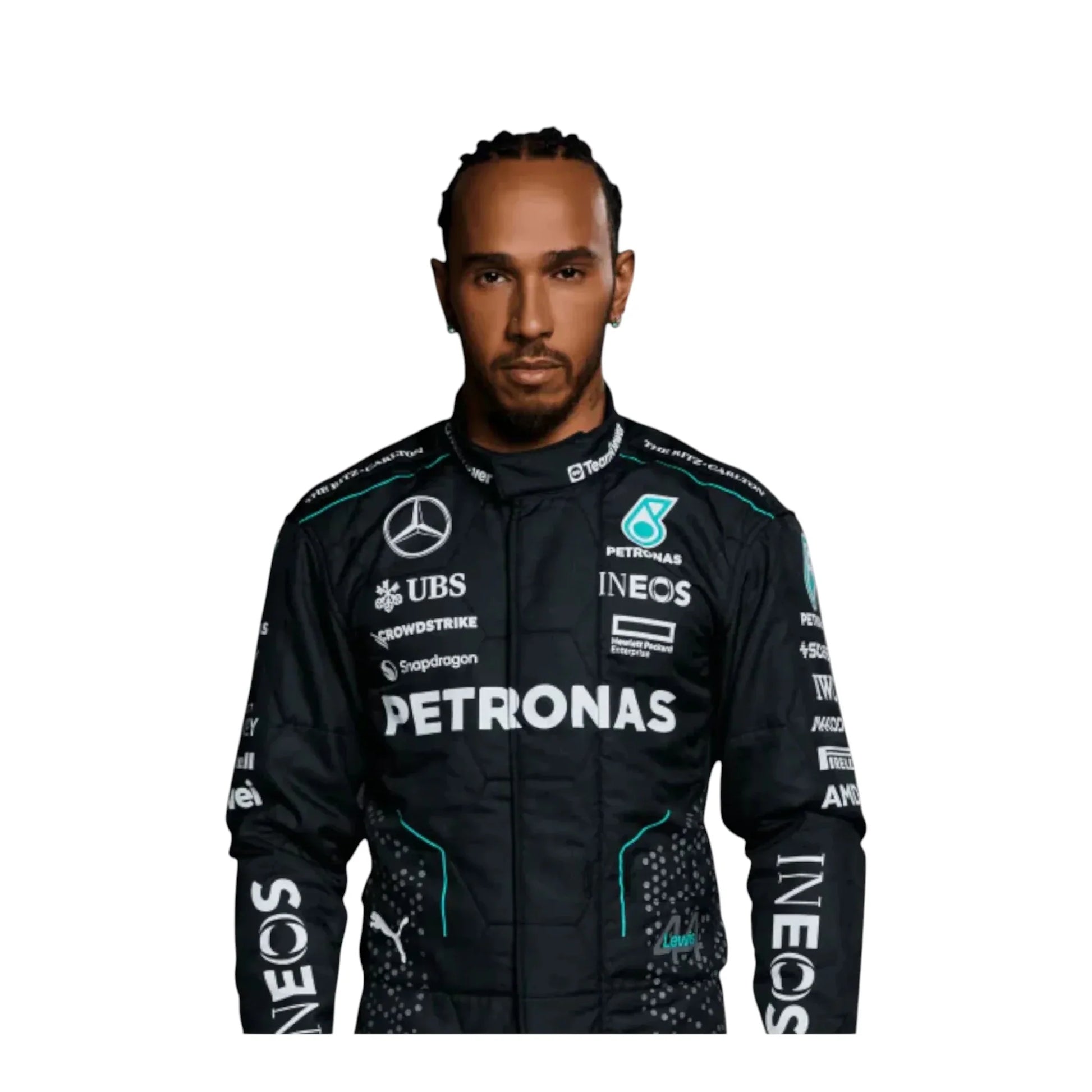 Front view of Lewis Hamilton 2024 Mercedes AMG F1 team race suit