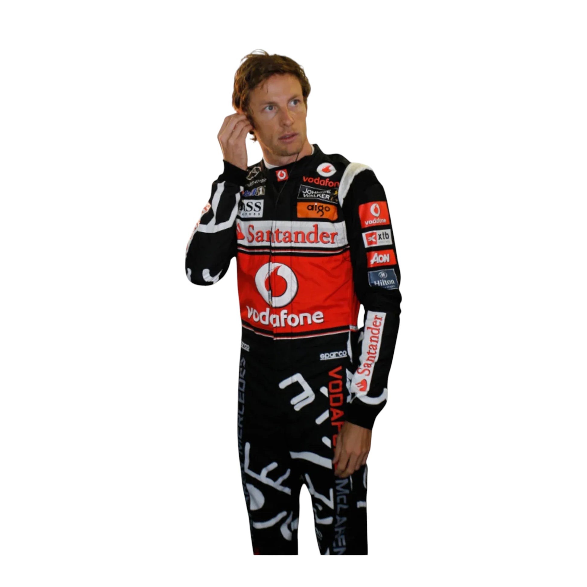 Front view of Lewis Hamilton Vodafone McLaren Mercedes Formula 1 racing suit