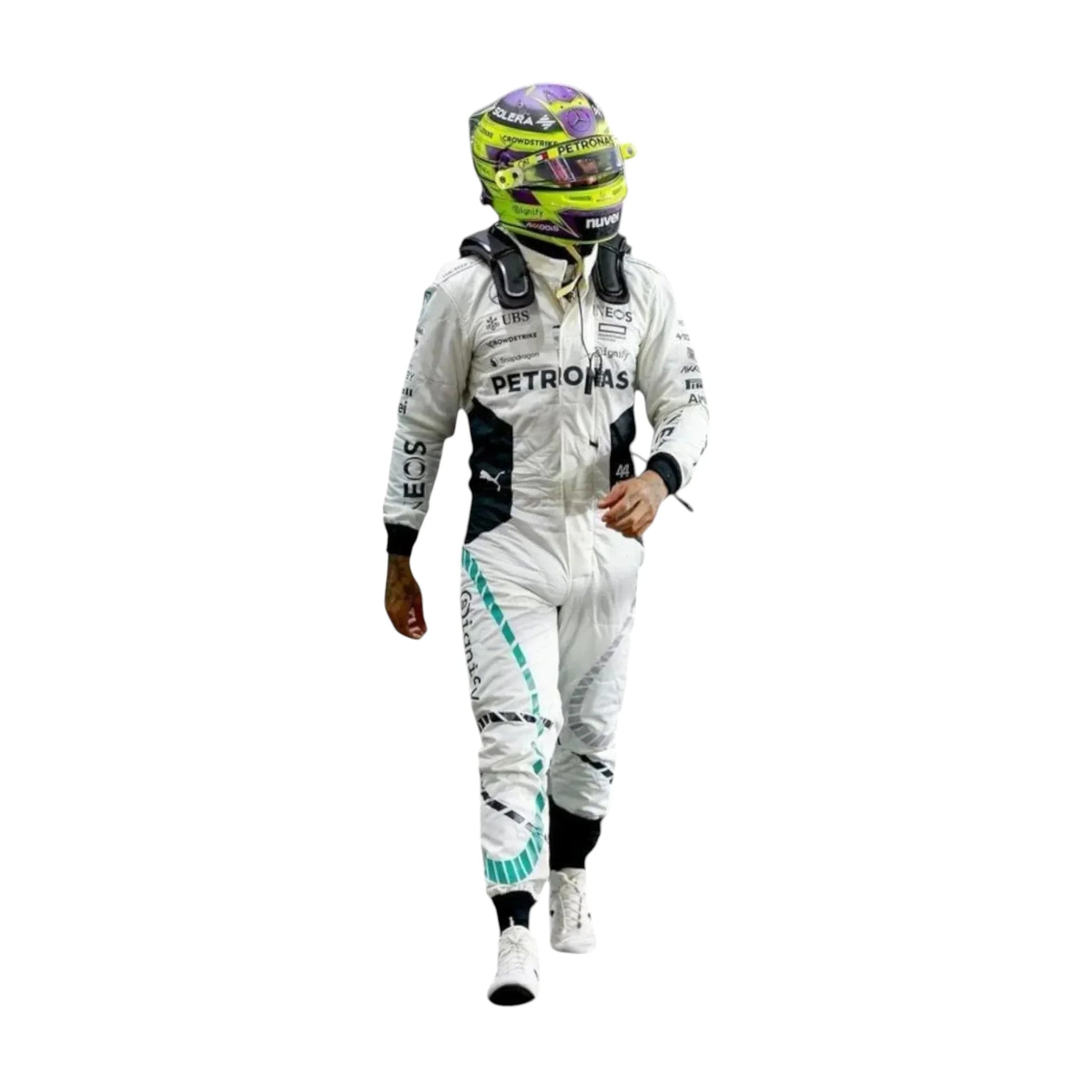 Full body view of 2024 Lewis Hamilton Qatar GP white F1 race suit