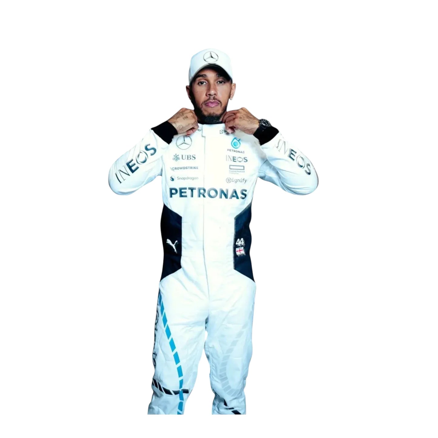 Full body view of 2024 Lewis Hamilton Qatar GP white F1 race suit