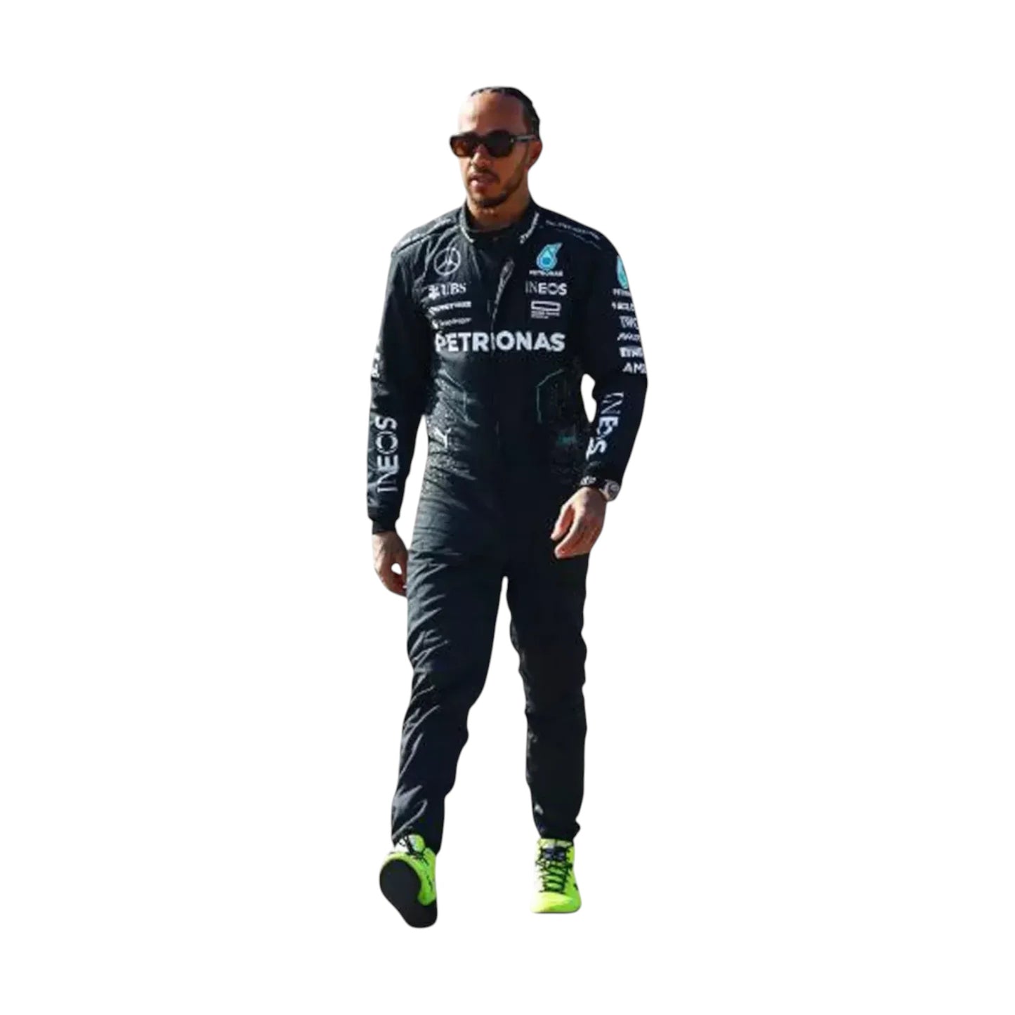 Full body view of Lewis Hamilton 2024 Mercedes AMG F1 race suit