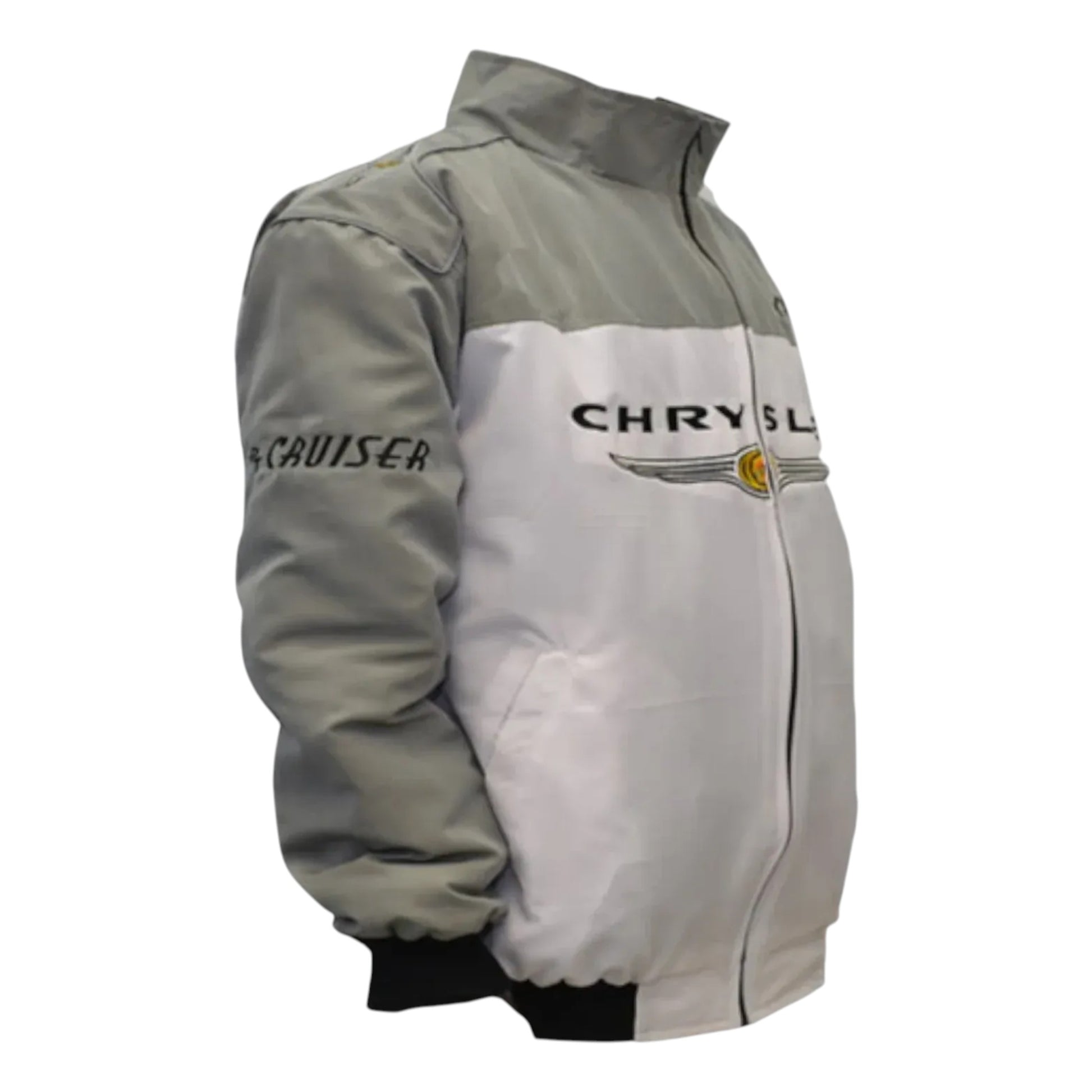 Gray and white jacket with Chrysler logo on a white background