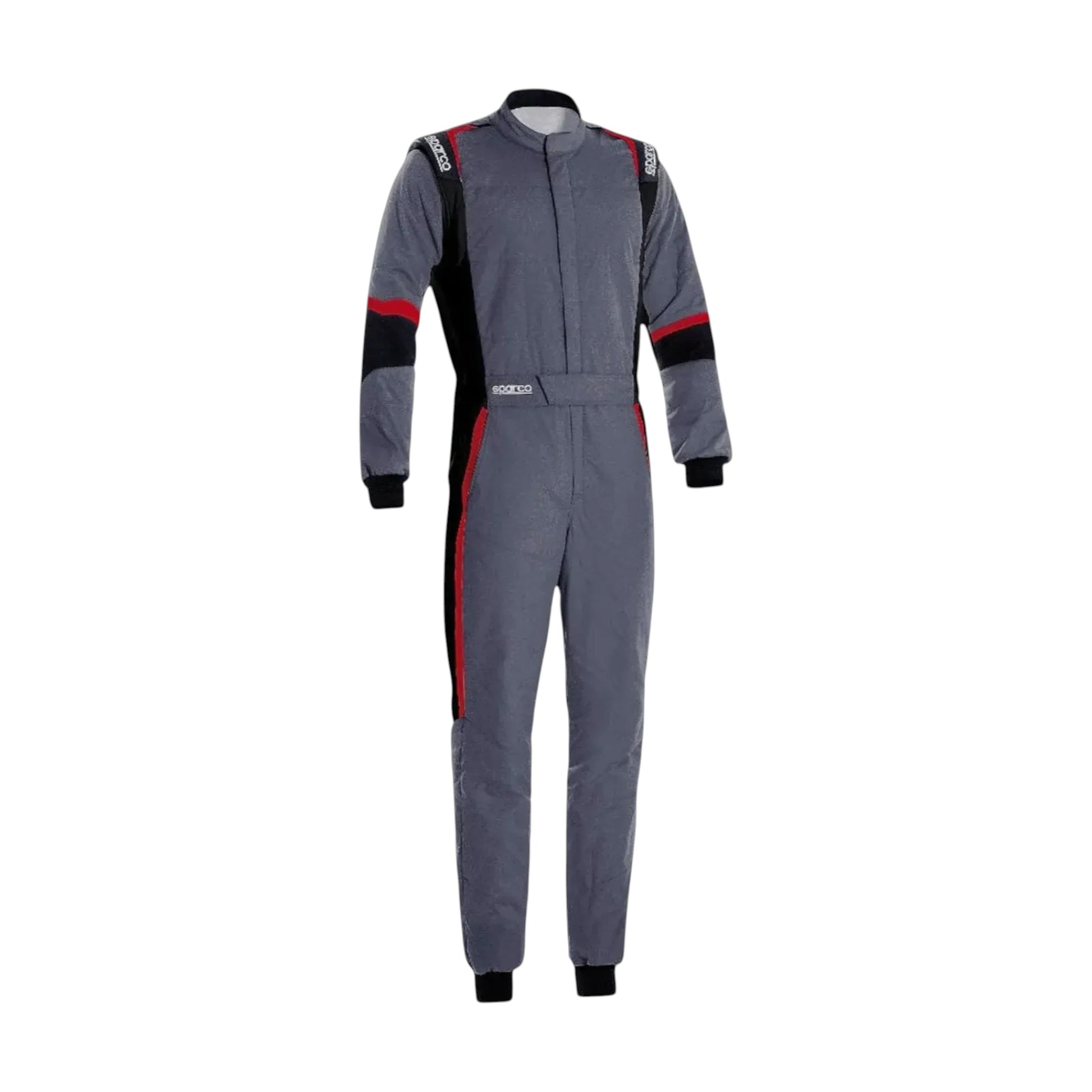 “Gray racing suit with black and red accents displayed on a plain white background.”