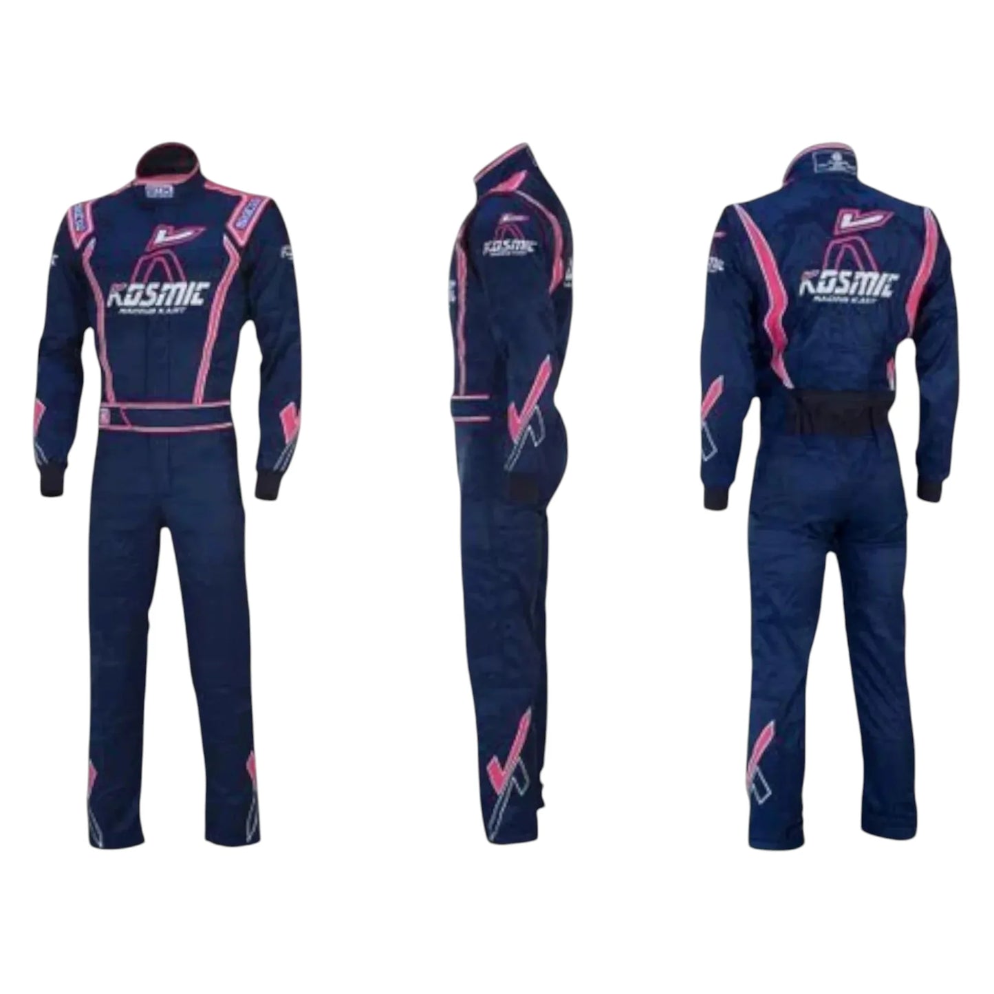 Kosmic 2019 go-kart Navy racing suit with pink accents and Kosmic branding on a white background