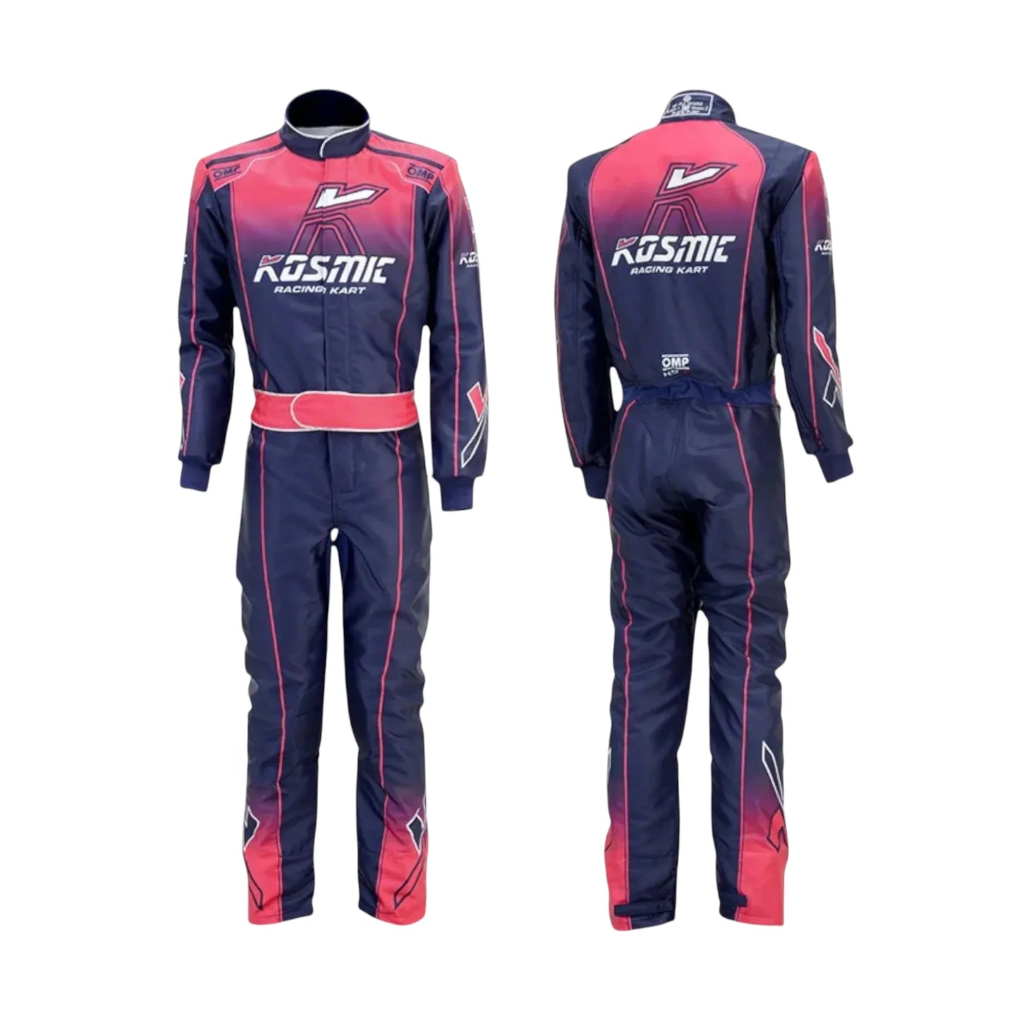 Kosmic 2020 go-kart navy and red racing suit with Kosmic branding, displayed on a clean white background.