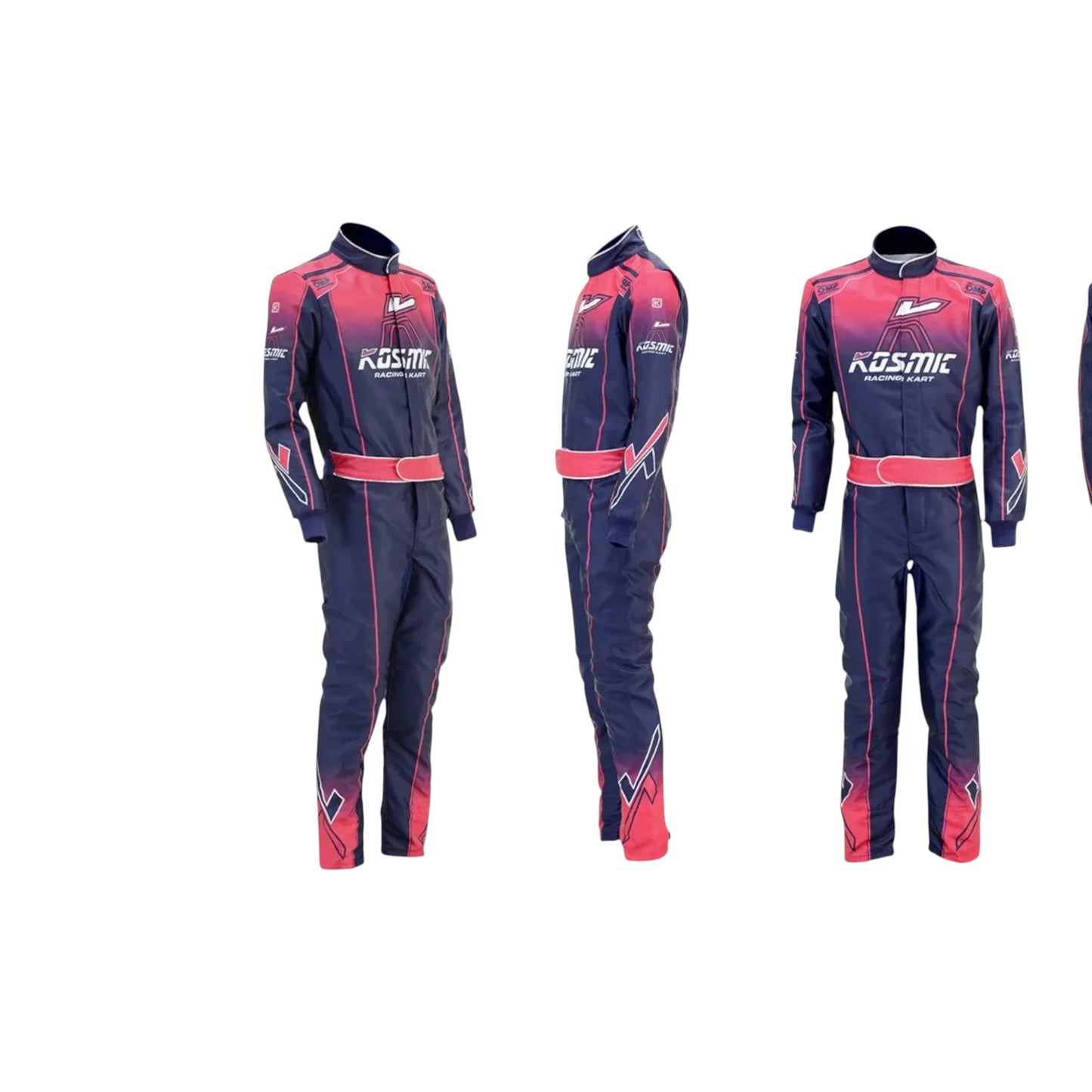 Kosmic 2020 go-kart navy and red racing suit with ‘Kosmic’ branding, displayed on a clean white background.