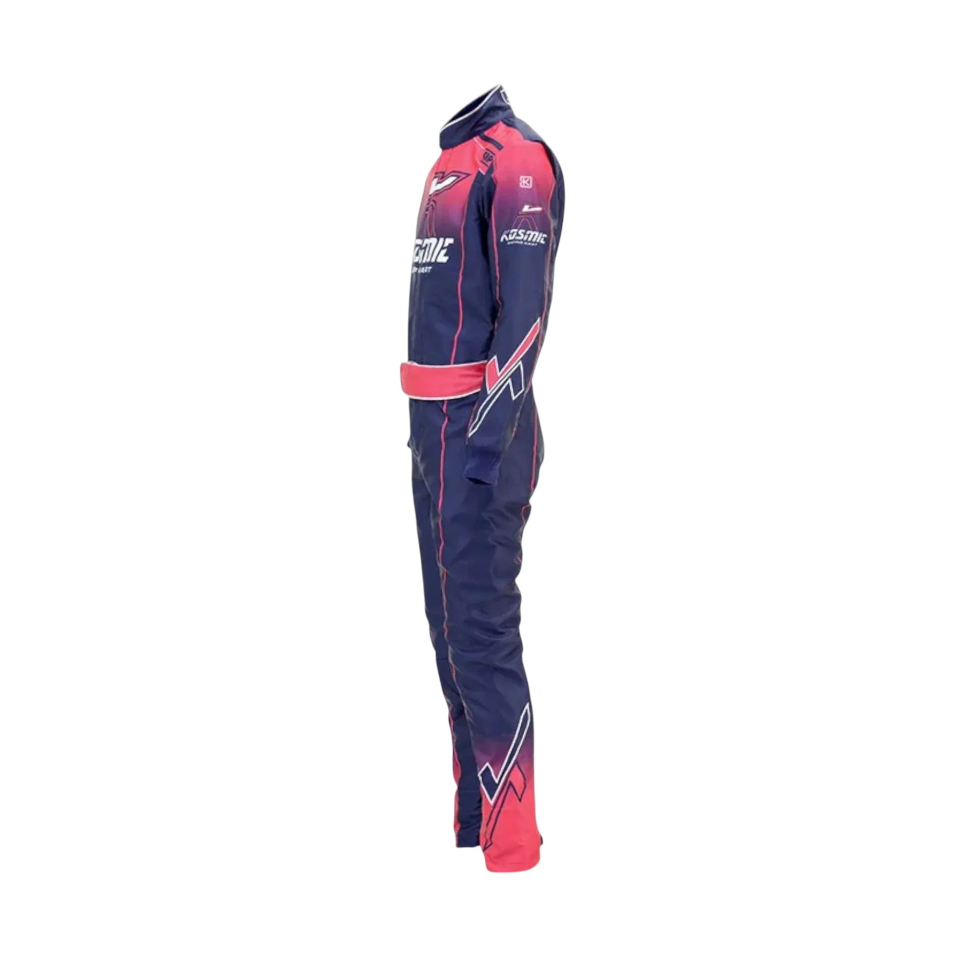 Kosmic 2020 go-kart navy and red racing suit with branding, displayed on a clean white background.