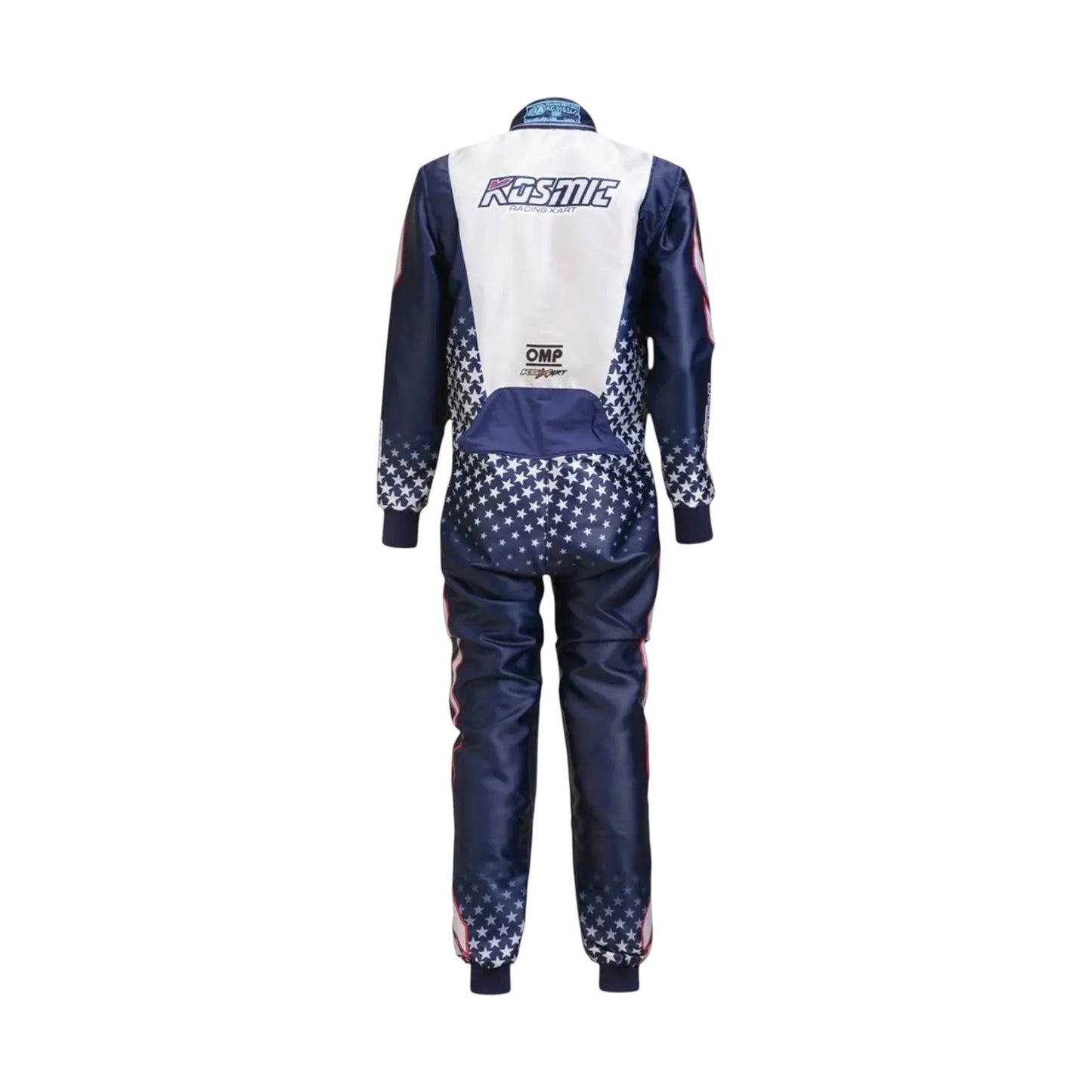 Kosmic 2025 go-kart Racing suit withNavy and white motocross suit with checkered pattern on a white background