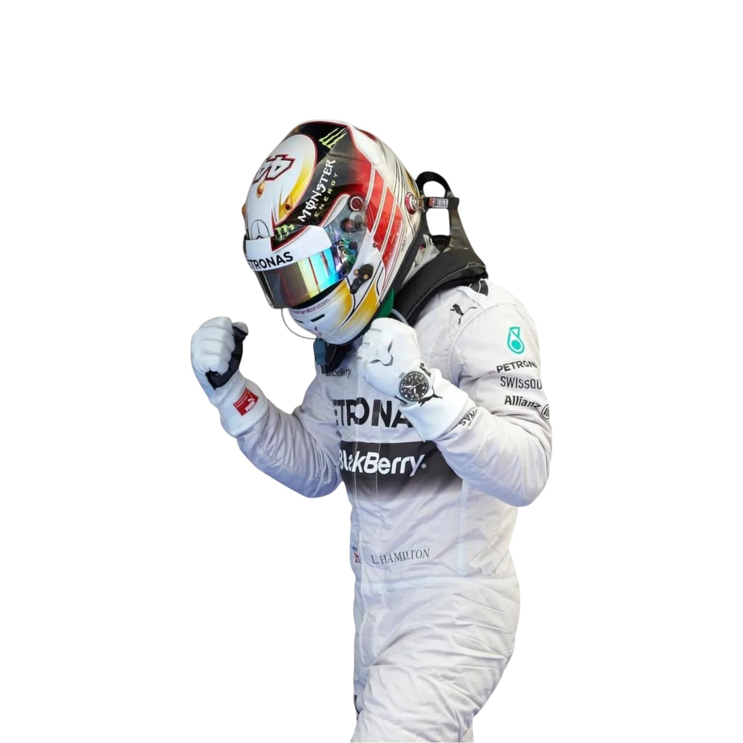 Left side view of 2014 Lewis Hamilton Mercedes F1 race suit highlighting racing fit and structure