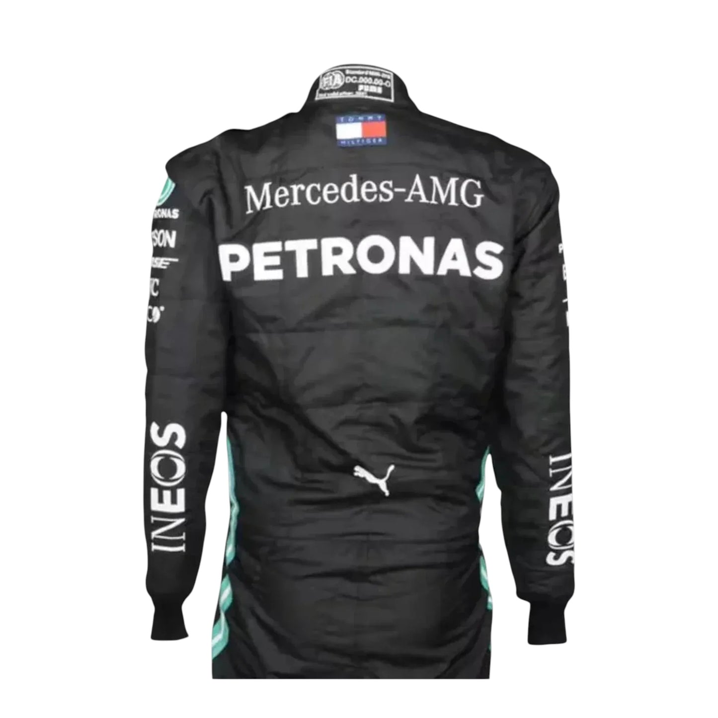 Close-up of Lewis Hamilton 2021 Mercedes AMG F1 race suit fabric