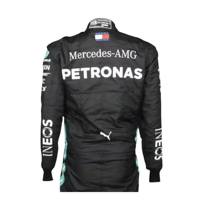 Close-up of Lewis Hamilton 2021 Mercedes AMG F1 race suit fabric