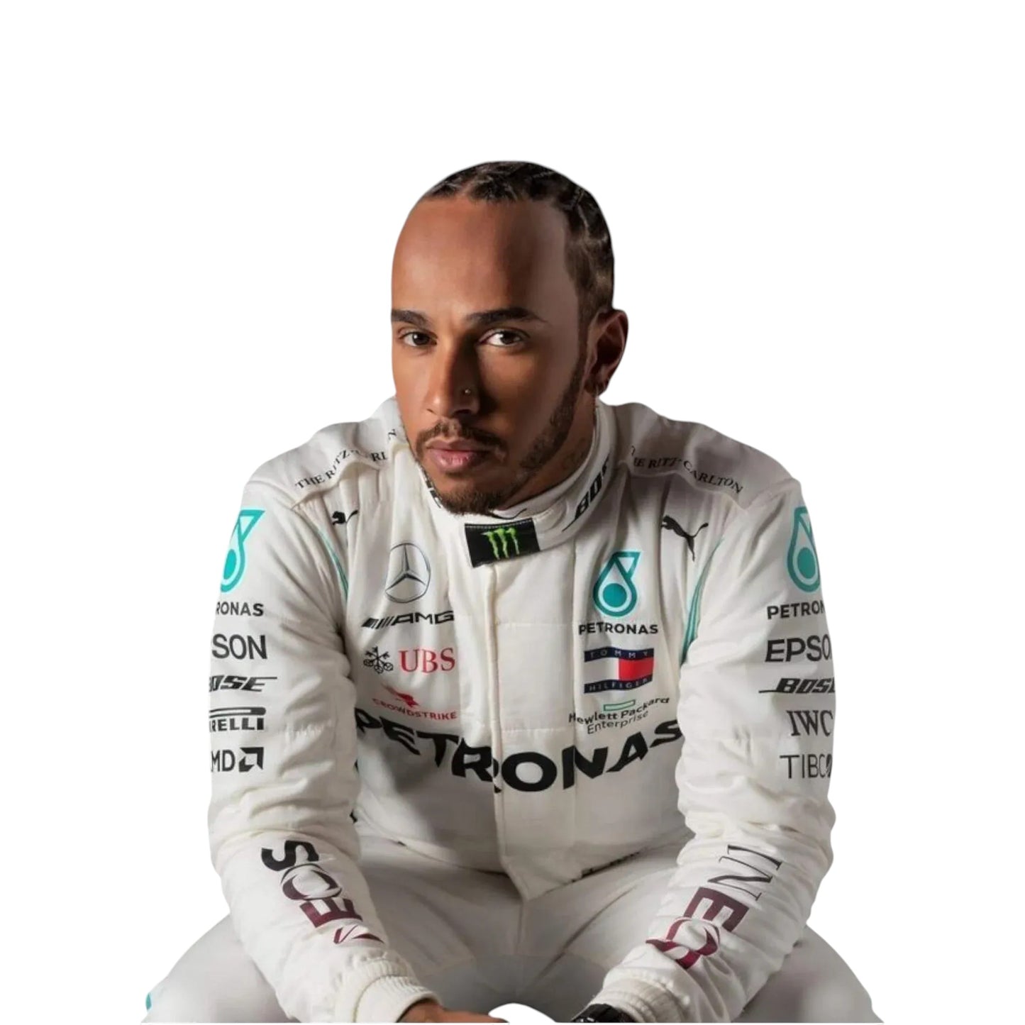 Lewis Hamilton wearing a 2018 Mercedes-Benz Formula 1 white racing suit with sponsor logos on a white background