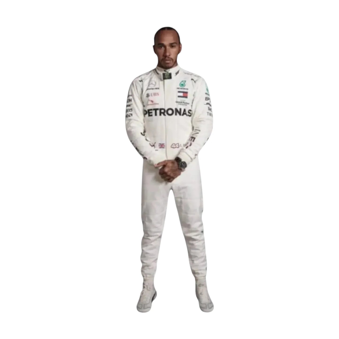 Lewis Hamilton wearing a white Mercedes-Benz Formula 1 racing suit with Petronas branding on a white background
