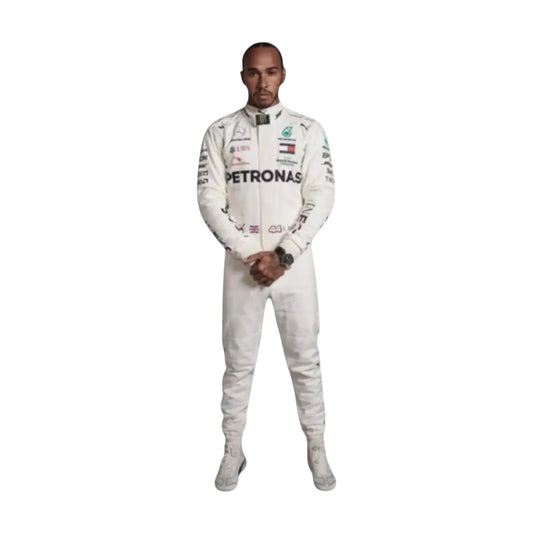 Lewis Hamilton wearing a white Mercedes-Benz Formula 1 racing suit with Petronas branding on a white background