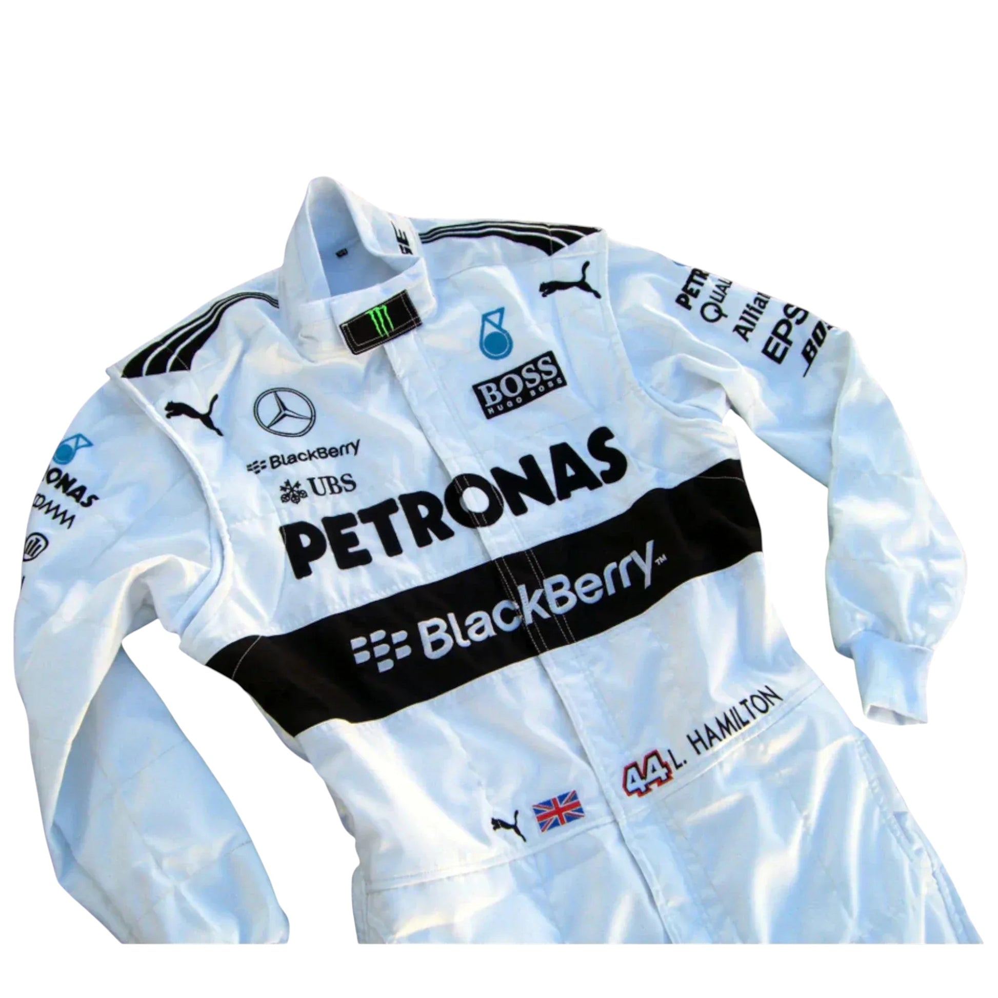 Logo close up of 2015 Lewis Hamilton Mercedes AMG embroidered F1 race suit embroidery detail