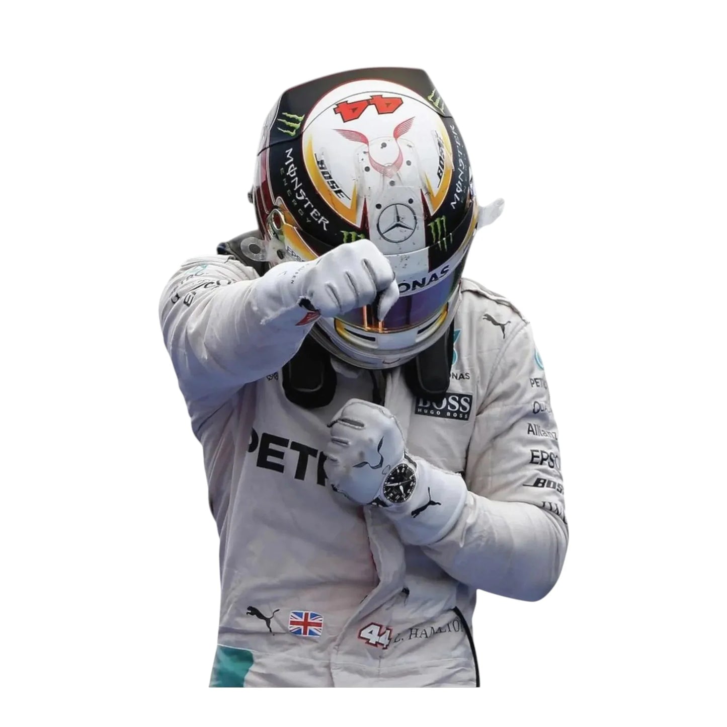 Logo close up of 2016 Lewis Hamilton Mercedes Petronas F1 race suit branding detail