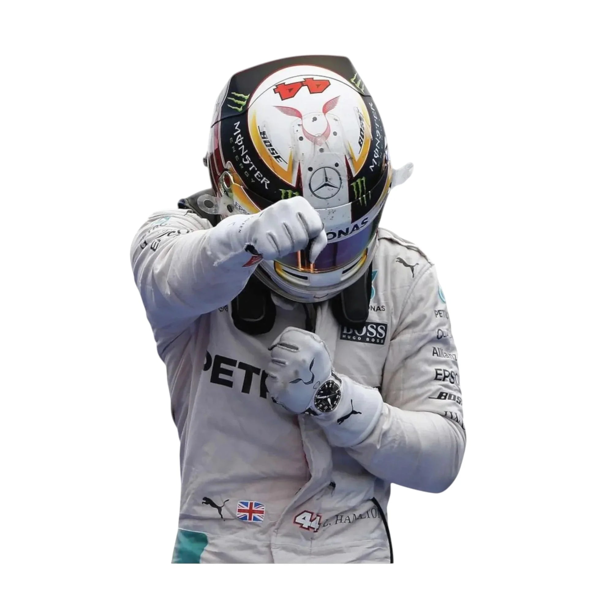 Logo close up of 2016 Lewis Hamilton Mercedes Petronas F1 race suit branding detail