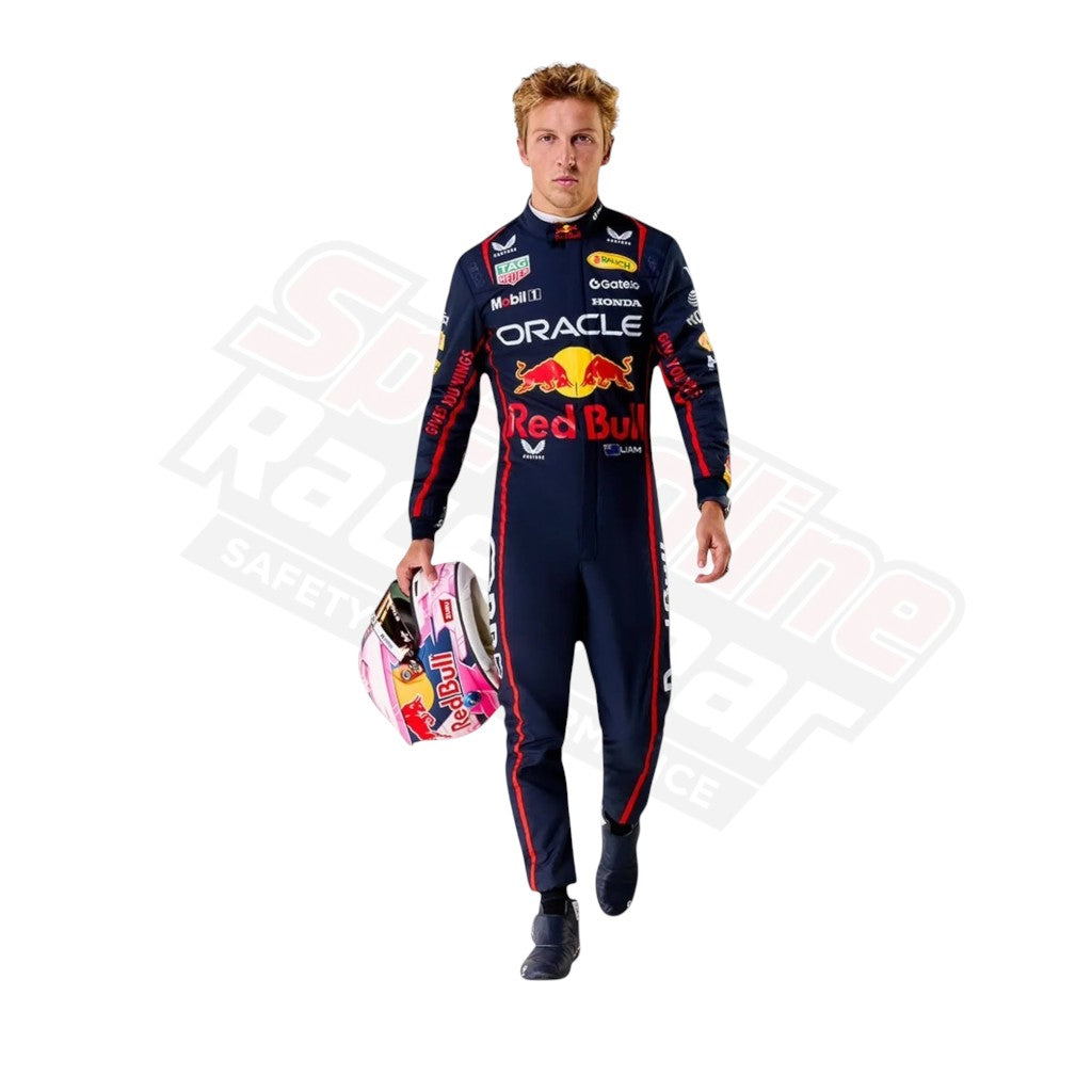 Max Verstappen replica F1 racing suit 2025 with helmet, Red Bull Racing, white background