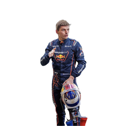 Max Verstappen British team Red Bull in a racing suit holding a helmet, standing against a plain white background.”
