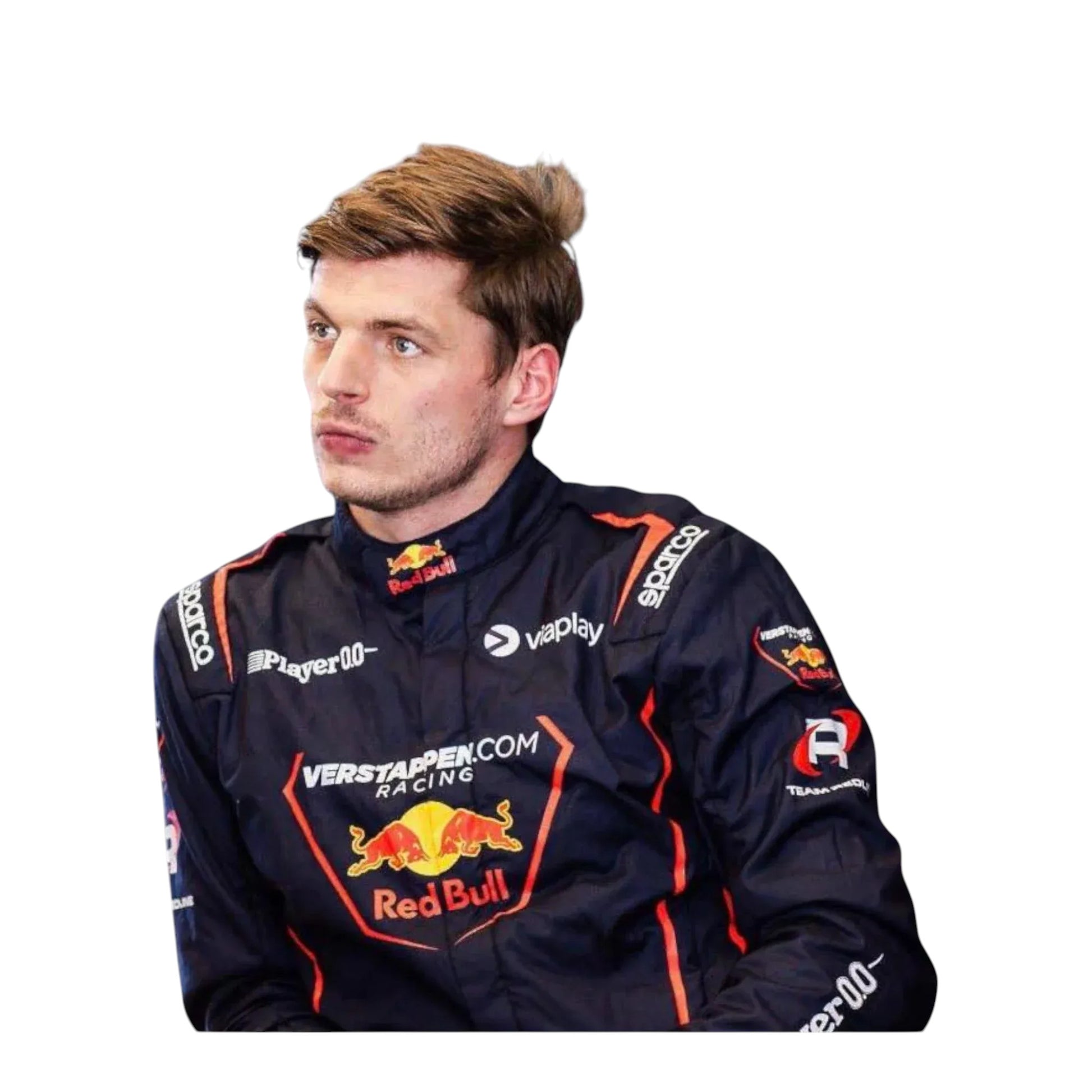 Max Verstappen British team Red Bull wearing a racing suit with Red Bull and Verstappen.com branding, standing against a plain white background.”