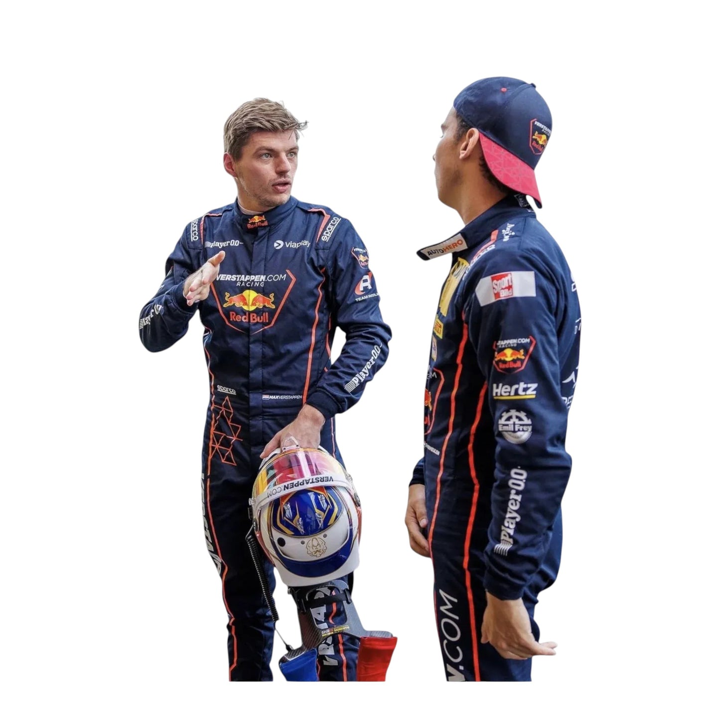Max Verstappen British team Red Bull with another Formula 1 driver, both wearing branded racing suits against a plain white background.