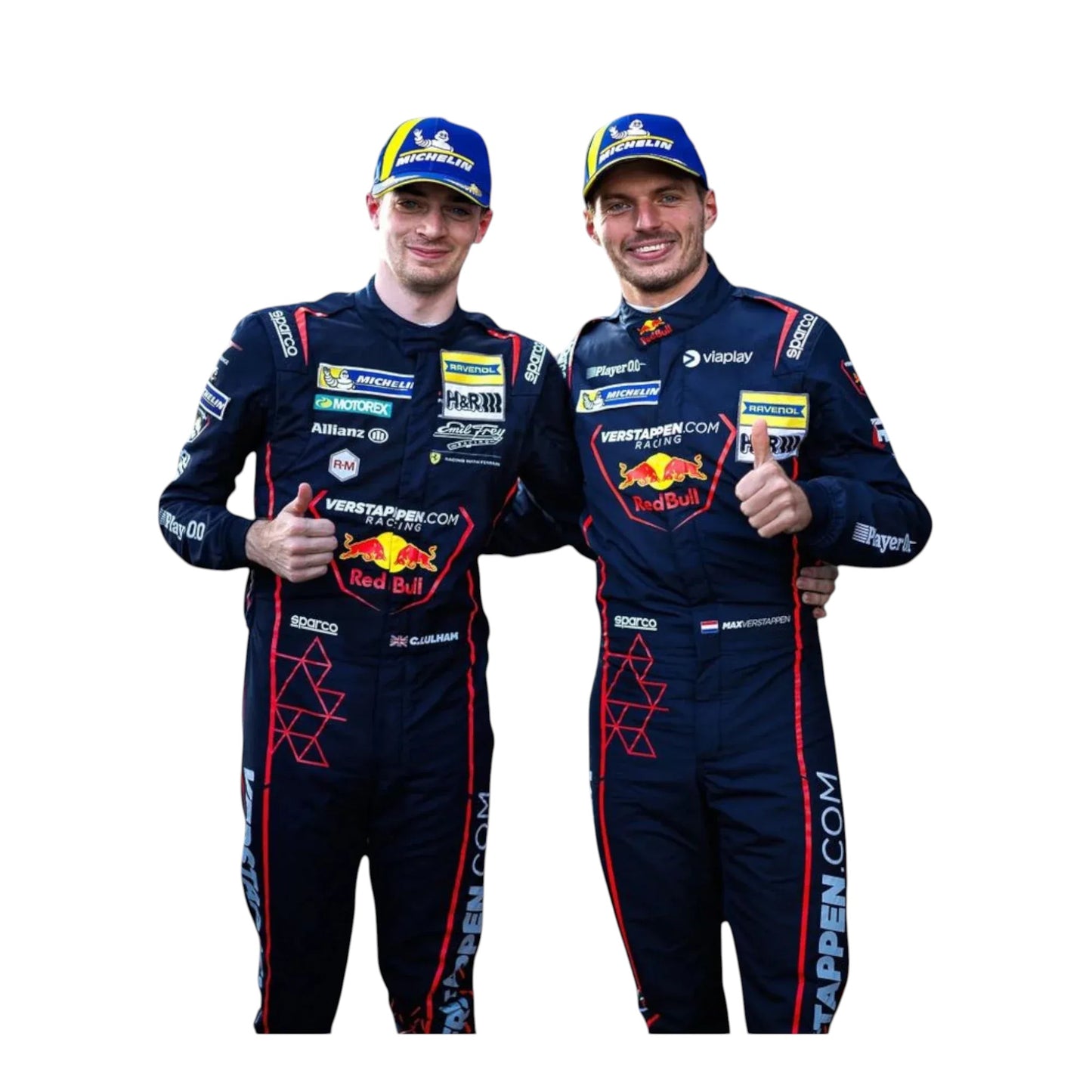 Max Verstappen British team Red Bull with another individual, both wearing branded racing suits against a plain white background.”