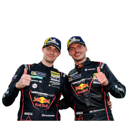 Max Verstappen British team Red Bull with another individual, both wearing branded racing suits and giving thumbs up against a plain white background.”