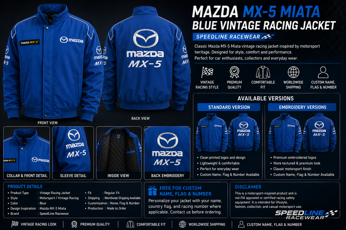 Mazda MX-5 Miata Blue Vintage Racing Performance Jacket SpeedLine Racewear