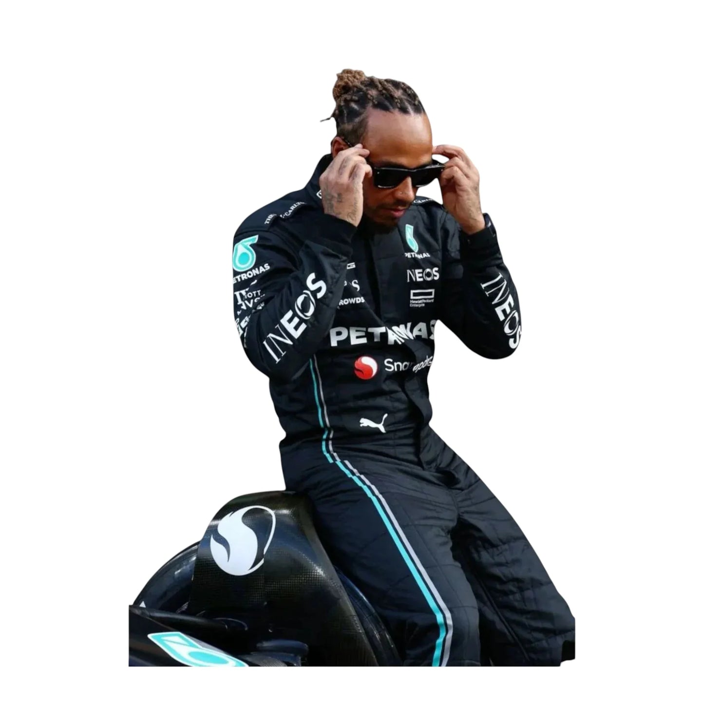 Mercedes-AMG Petronas branding on Lewis Hamilton F1 race suit