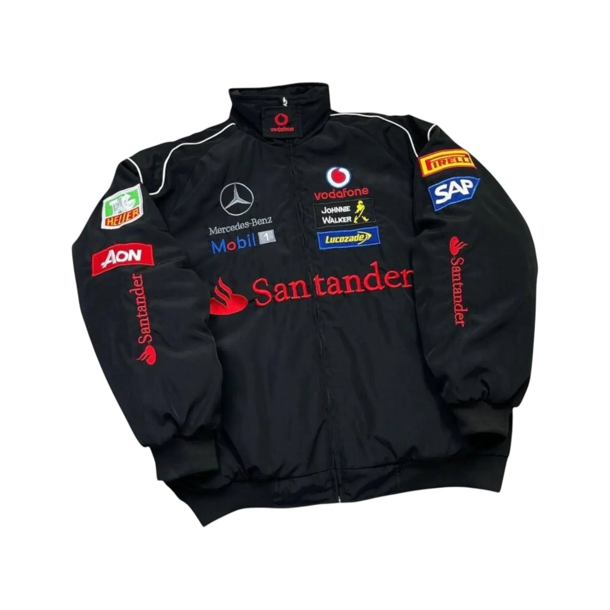 Mercedes Santander F1 Vintage Black Racing Jacket – Retro GP Edition