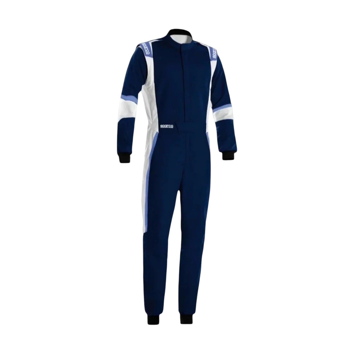 “Navy and white racing suit displayed on a plain white background.”